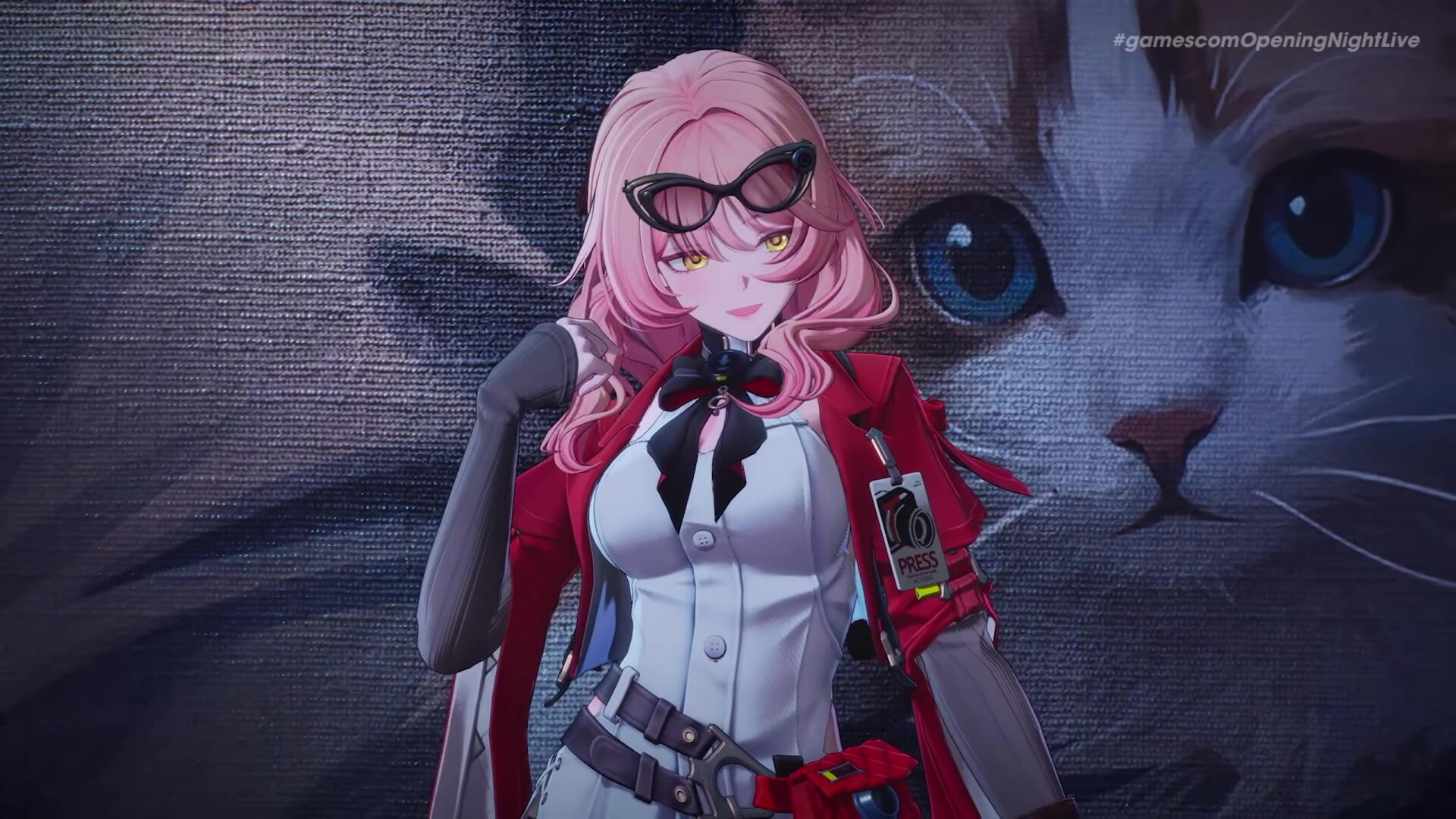 2K Quad HD anime wallpaper of Ananta — pink‑haired video game girl in a red coat and sunglasses, posed before a giant cat face backdrop.