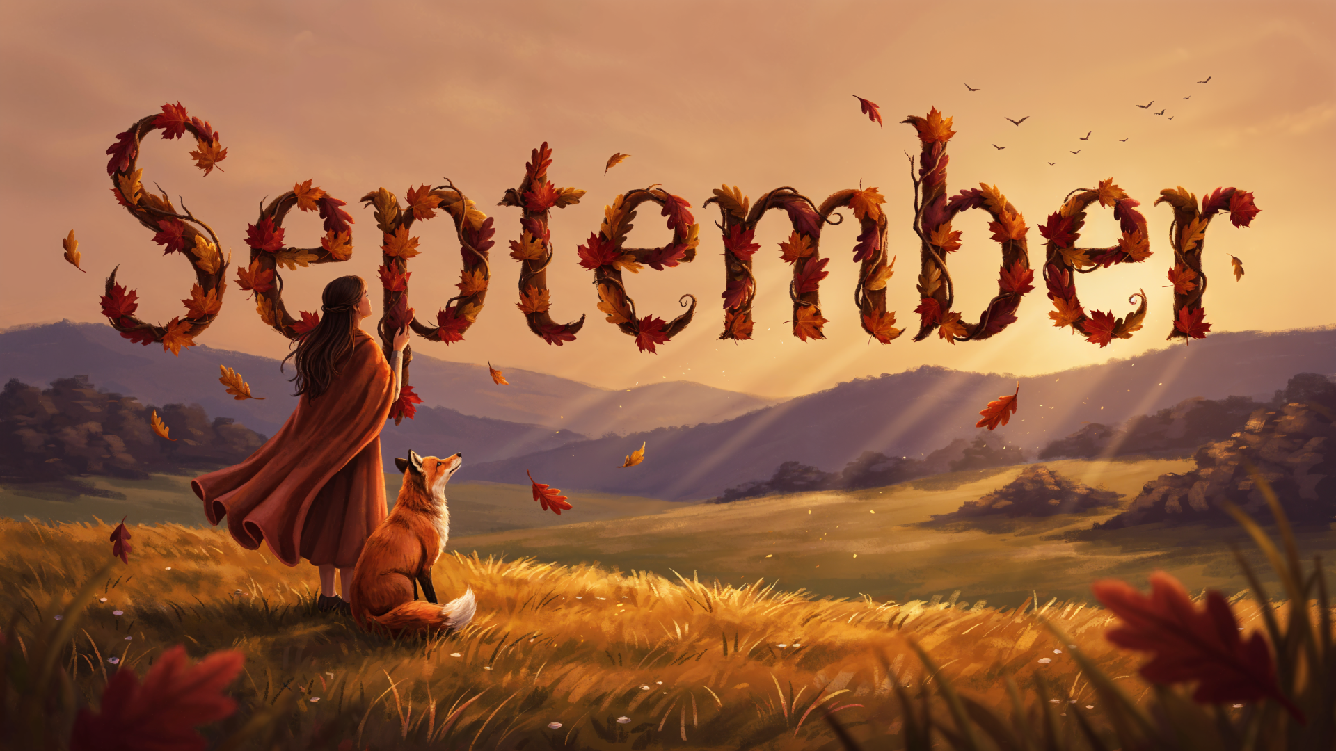 September autumn landscape 4K Ultra HD PC desktop wallpaper: a cloaked figure and dog gaze over golden fields as leaf-formed September drifts across a warm sky.