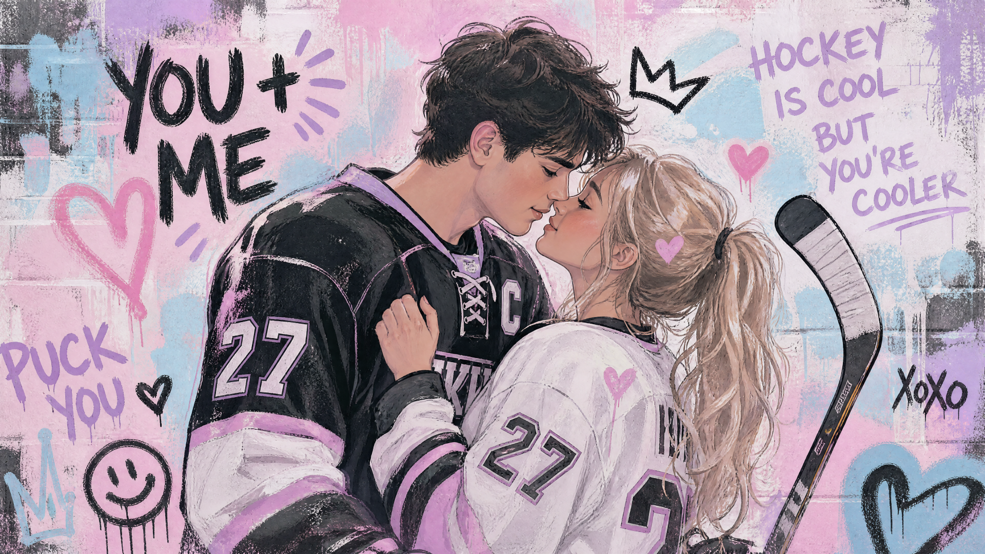 4K Ultra HD PC desktop wallpaper: hockey romance—young couple in matching #27 jerseys share a tender kiss, embracing with a hockey stick and graffiti hearts in a pastel rink background.