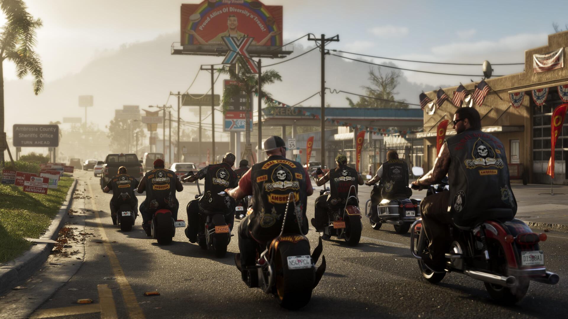 Grand Theft Auto 4K Ultra HD PC desktop wallpaper: a biker gang on motorcycles riding down a sunlit urban street, rear view of leather-clad riders and city signs.