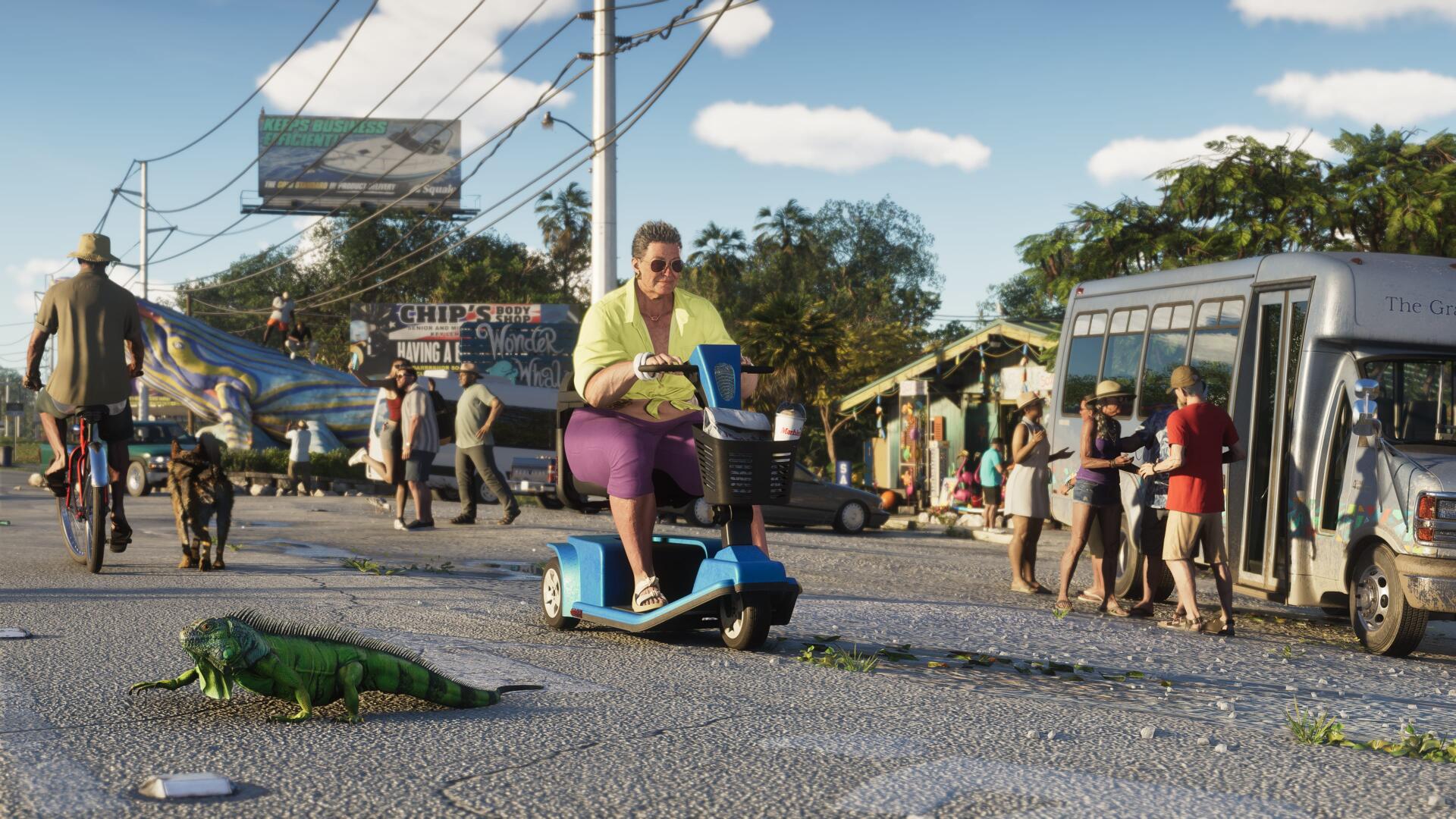 Grand Theft Auto VI 4K Ultra HD PC desktop wallpaper: street scene from the video game with a person on a mobility scooter passing a small alligator in a busy urban market.