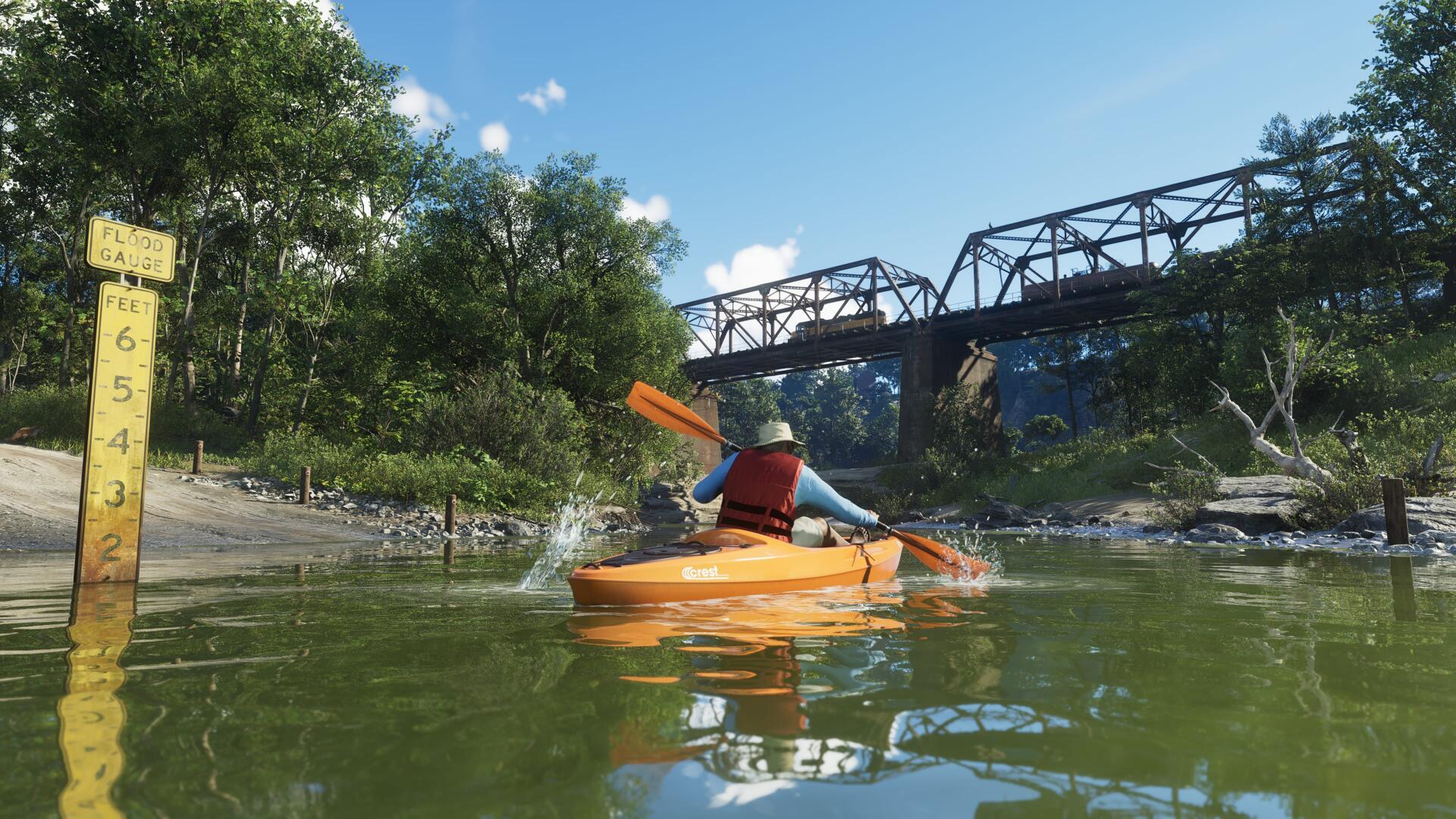 4K Ultra HD PC wallpaper from the video game Grand Theft Auto VI: a paddler in an orange kayak on a green river beneath a steel rail bridge, framed by lush trees and a clear blue sky.