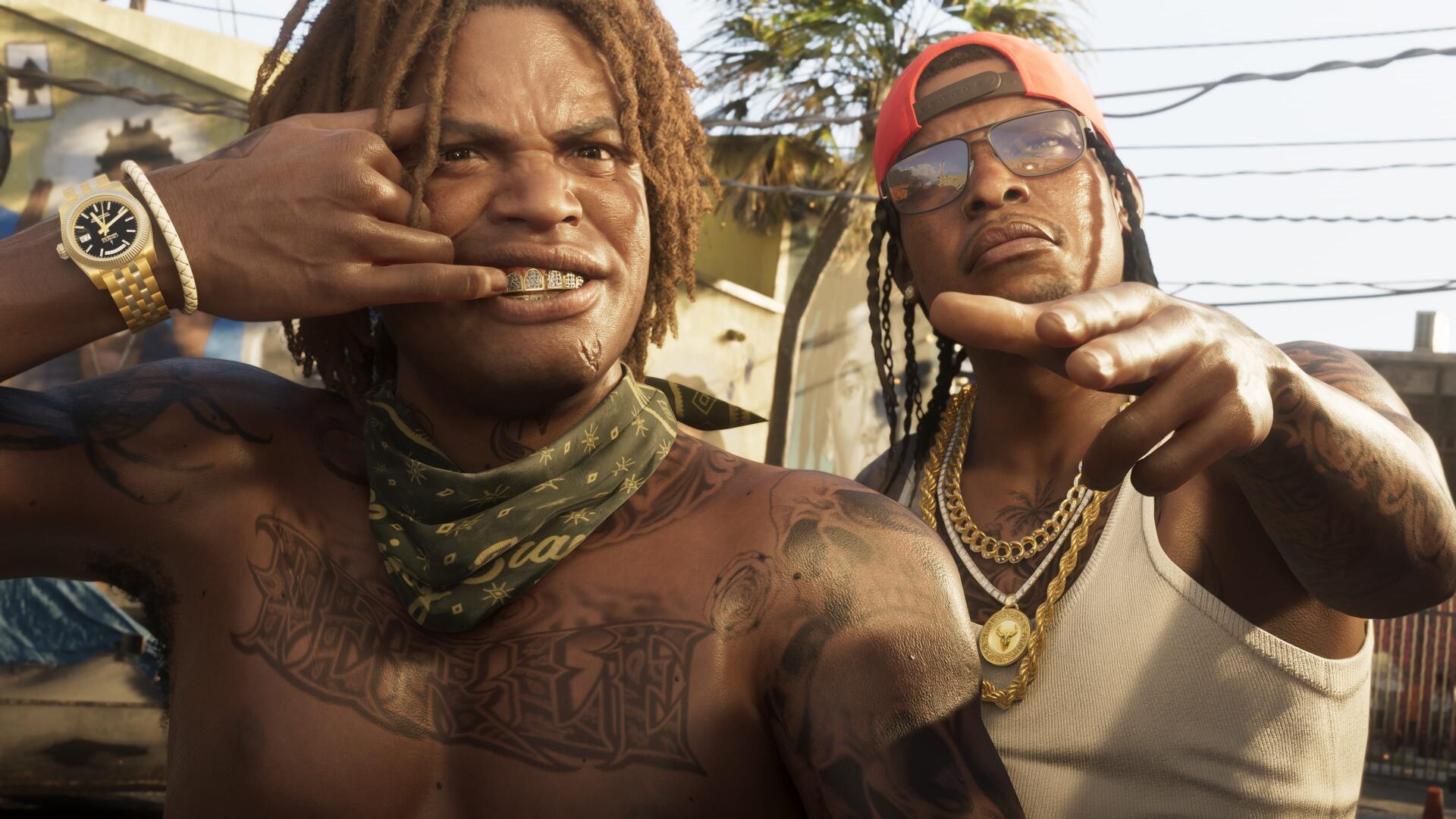 Gritty portrait of two men from Grand Theft Auto VI, street-style poses with gold chains — 4K Ultra HD Grand Theft Auto video game PC desktop wallpaper/background.