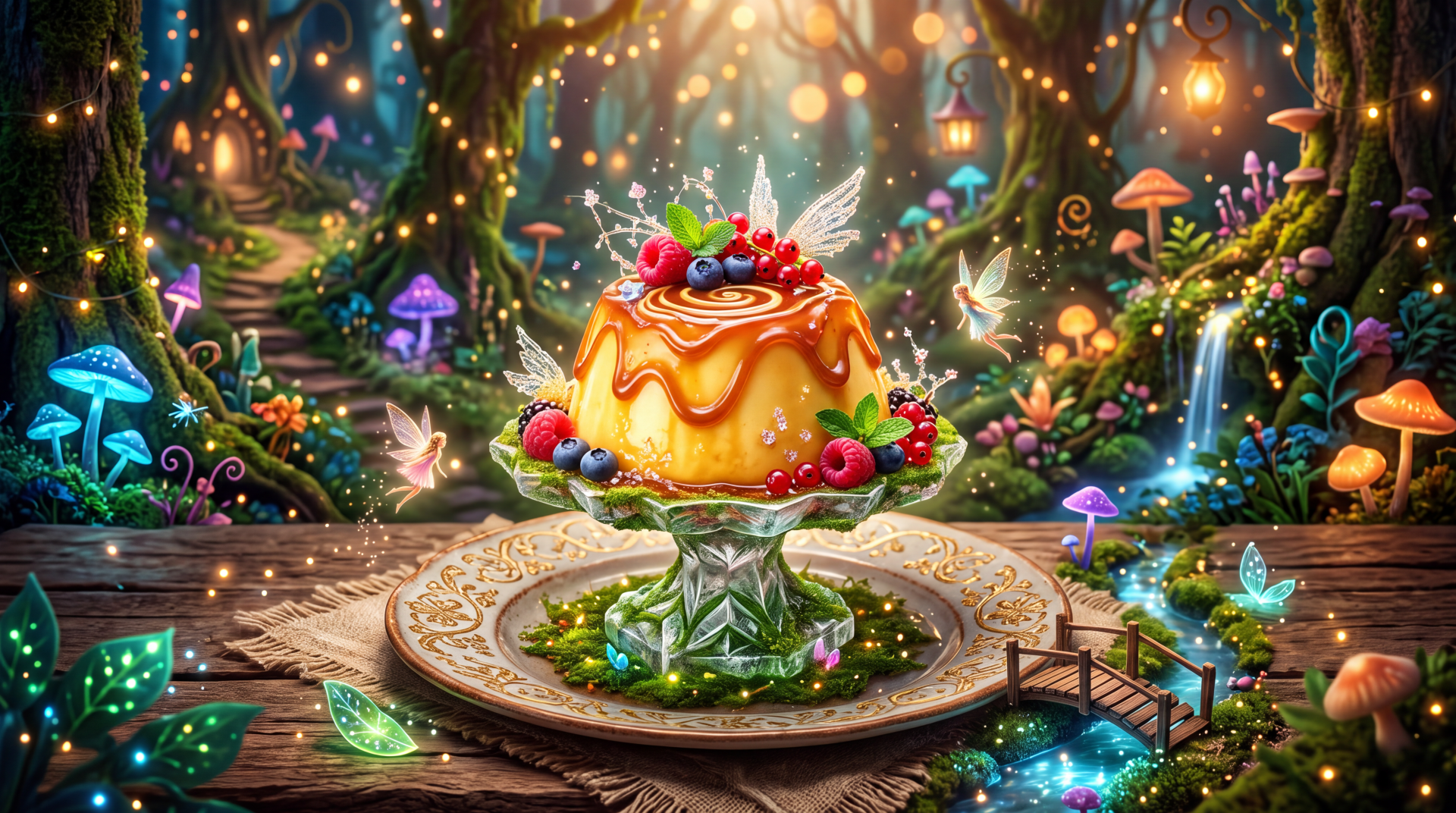 5K Ultra HD PC desktop wallpaper background of a glossy pudding dessert cake on a crystal stand, topped with berries and surrounded by glowing mushrooms, fairy lights and an enchanted forest.