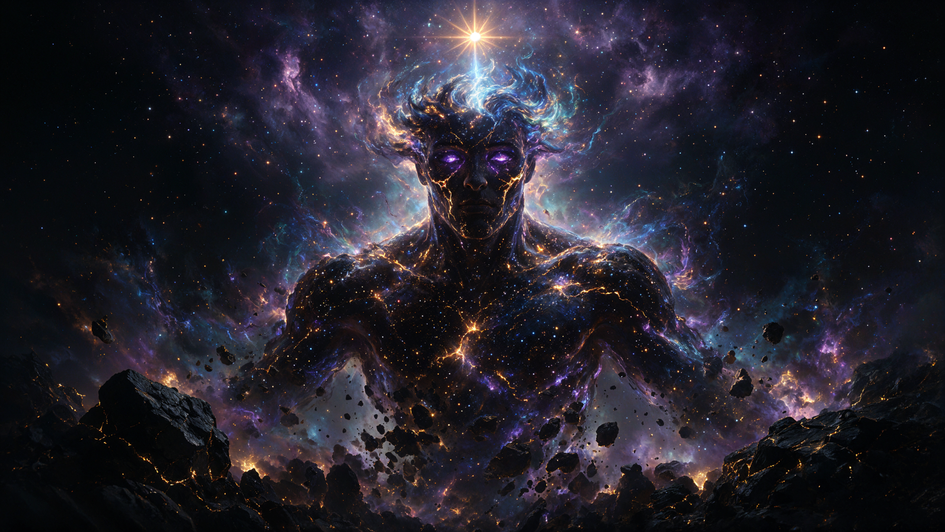 4K Ultra HD PC desktop wallpaper of a colossal forgotten god‑like alien formed from swirling galaxy gas and stars, glowing eyes, emerging from cosmic debris in deep space.