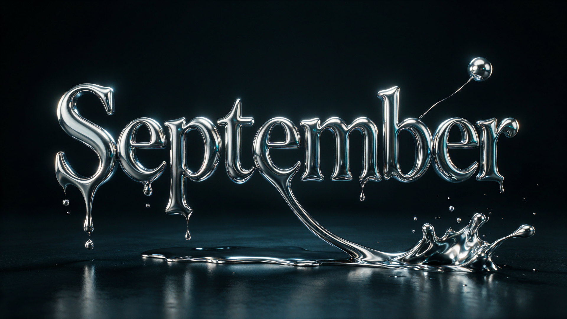 4K Ultra HD PC desktop wallpaper showing metallic liquid September lettering with reflective droplets and a splash on a dark background, month-themed typography.