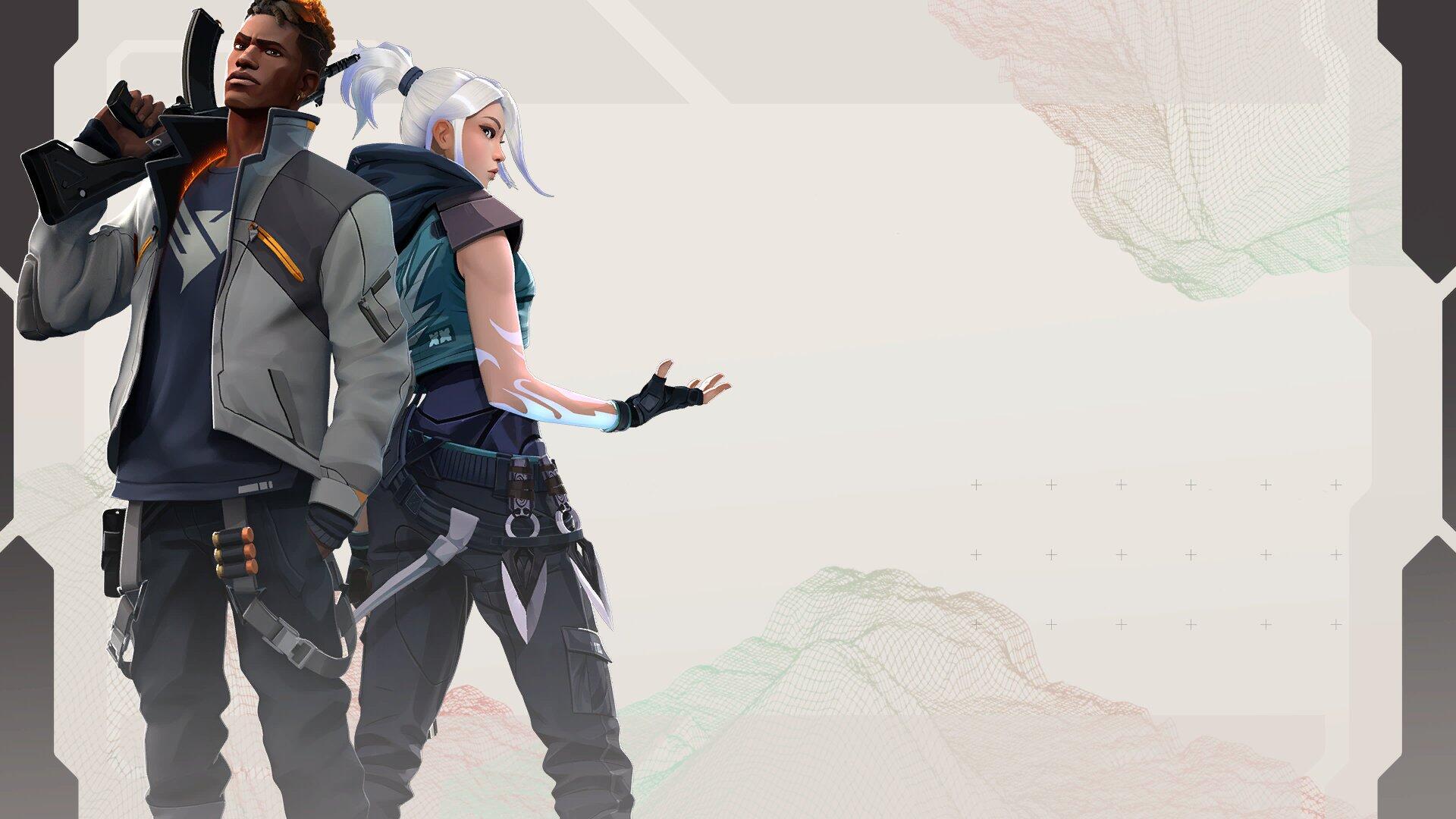 HD PC desktop wallpaper of Valorant agents Phoenix and Jett standing back-to-back against a pale, abstract background.