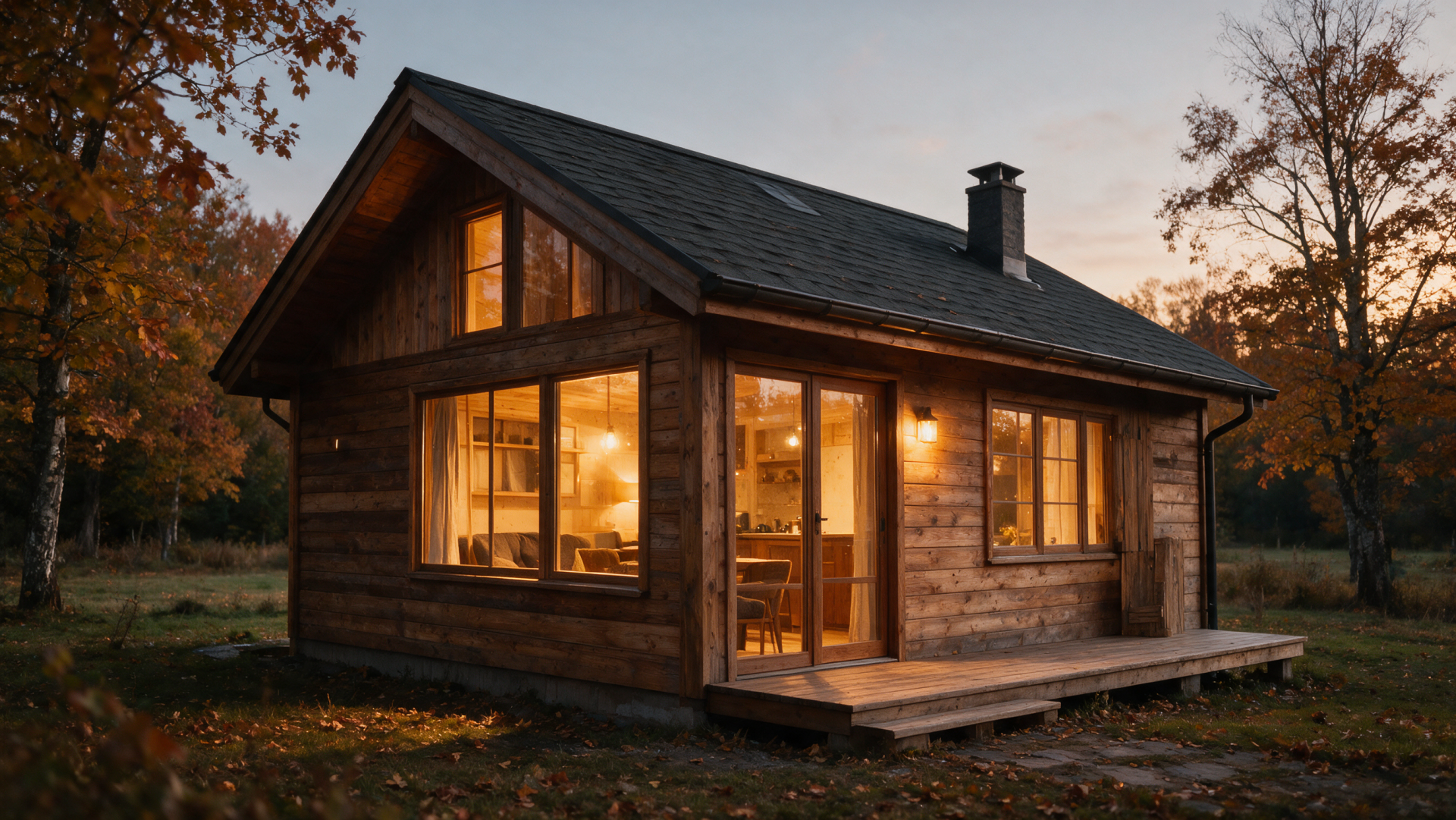 Cozy fall cabin house glowing at dusk amid autumn trees, warm interior lights visible — 2K Quad HD PC desktop wallpaper and background.
