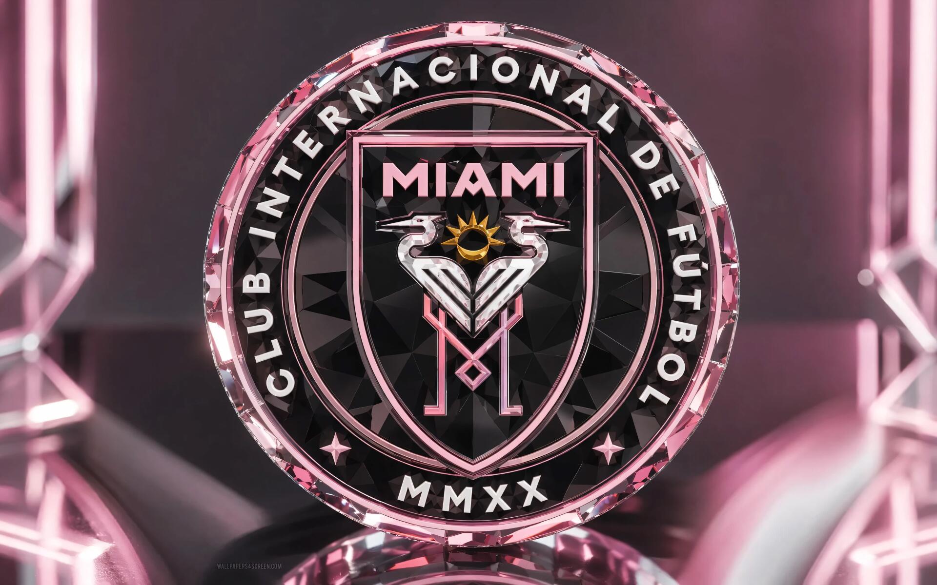 Inter Miami CF crest glowing in pink and black neon, high-detail 4K Ultra HD MLS soccer PC desktop wallpaper and background.