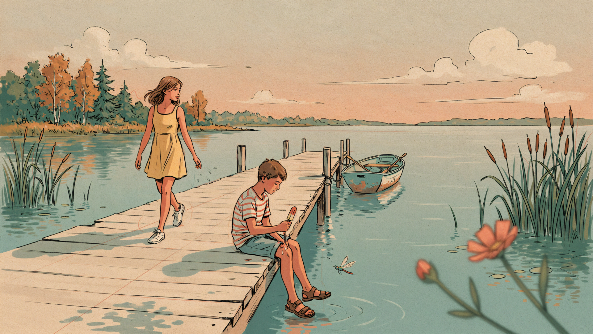 End-of-summer 4K Ultra HD PC desktop wallpaper and background: girl strolling and boy reading on a wooden dock, small boat tied at the shore, warm sunset over a tranquil lake.
