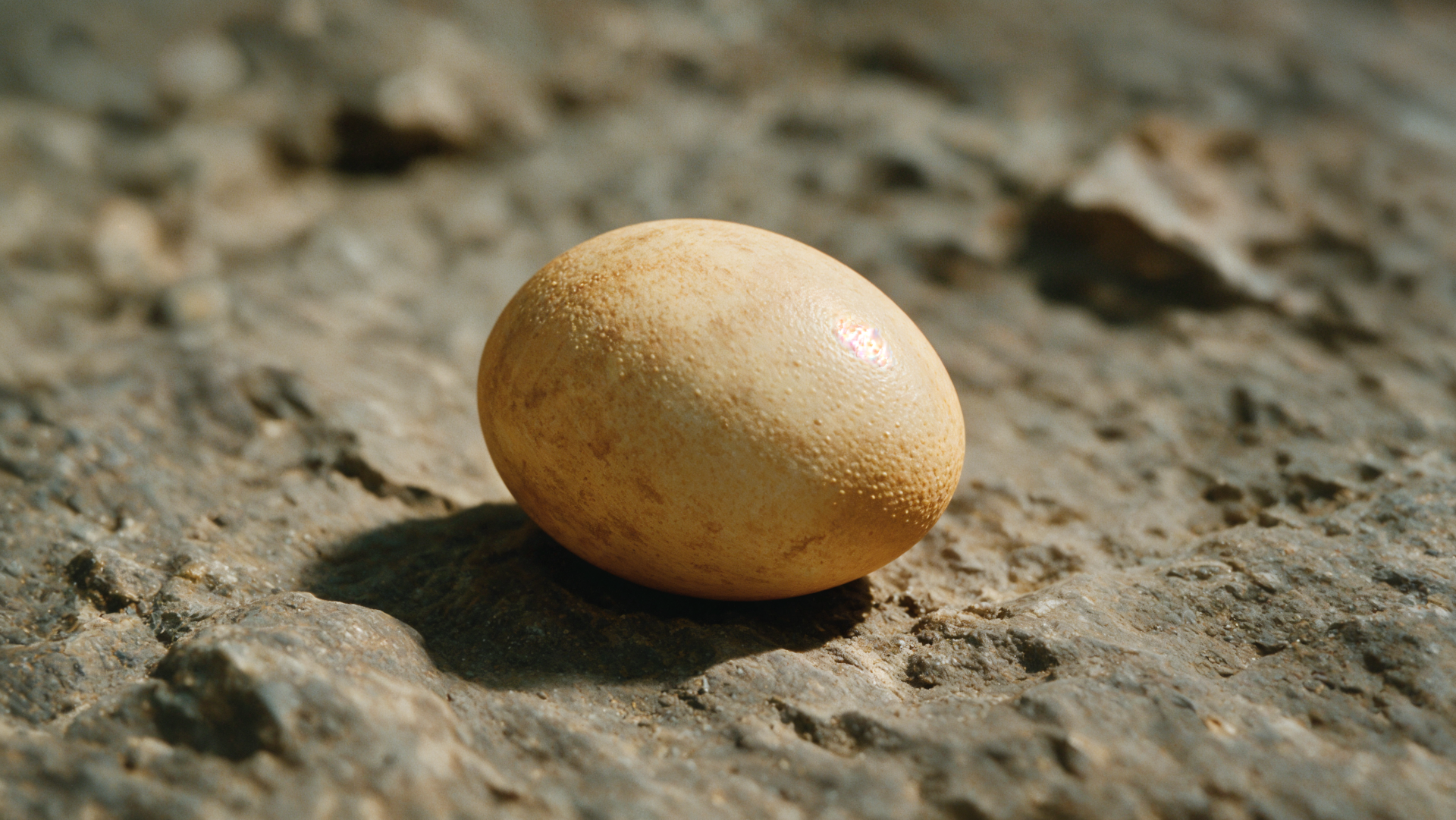 Close-up of a single dinosaur egg on sunlit rocky ground — 4K Ultra HD PC desktop wallpaper background.