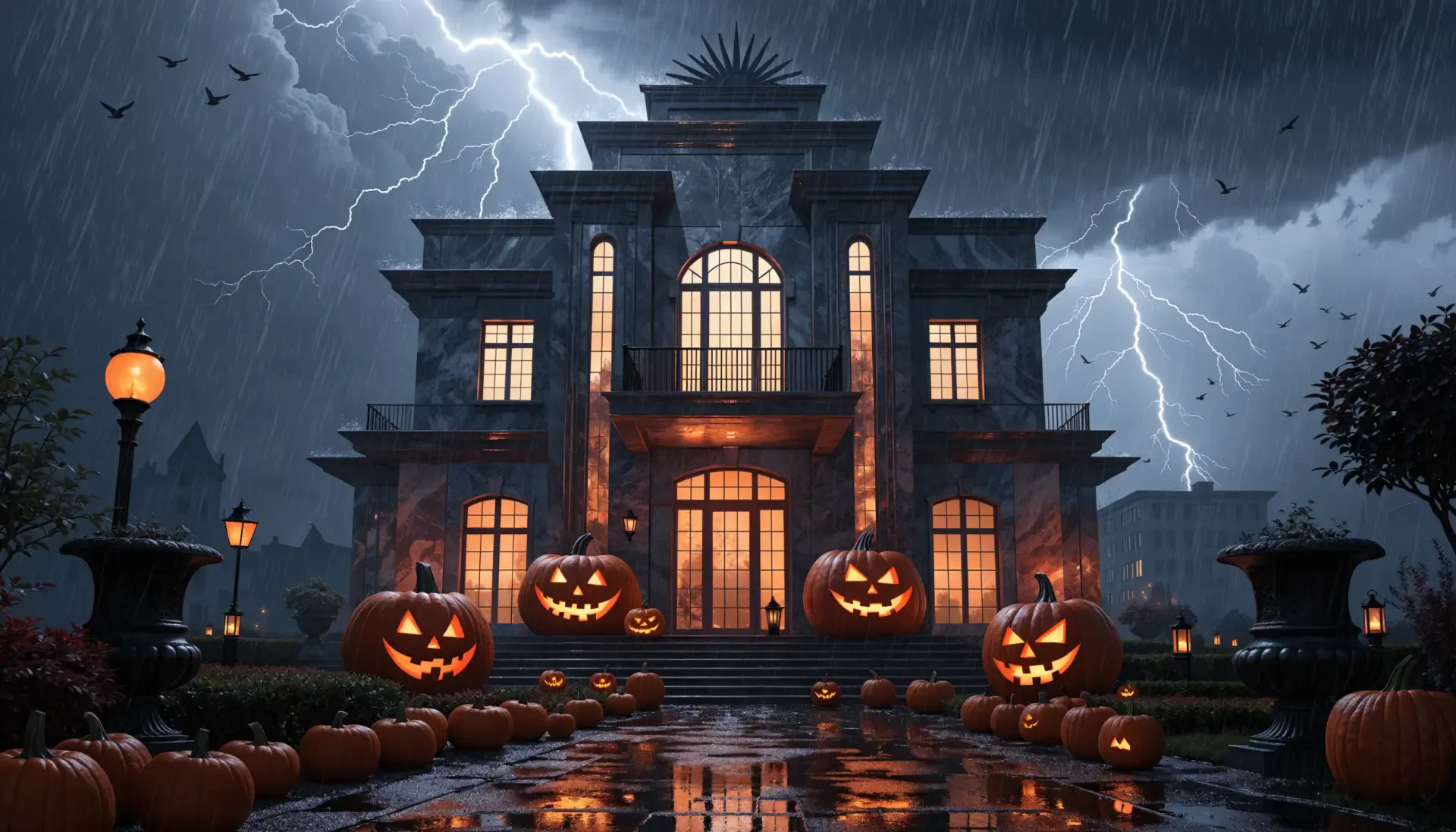 2K Quad HD PC desktop wallpaper: haunted mansion at night with glowing jack-o'-lanterns on the steps, stormy sky and lightning, moody Halloween aesthetic.