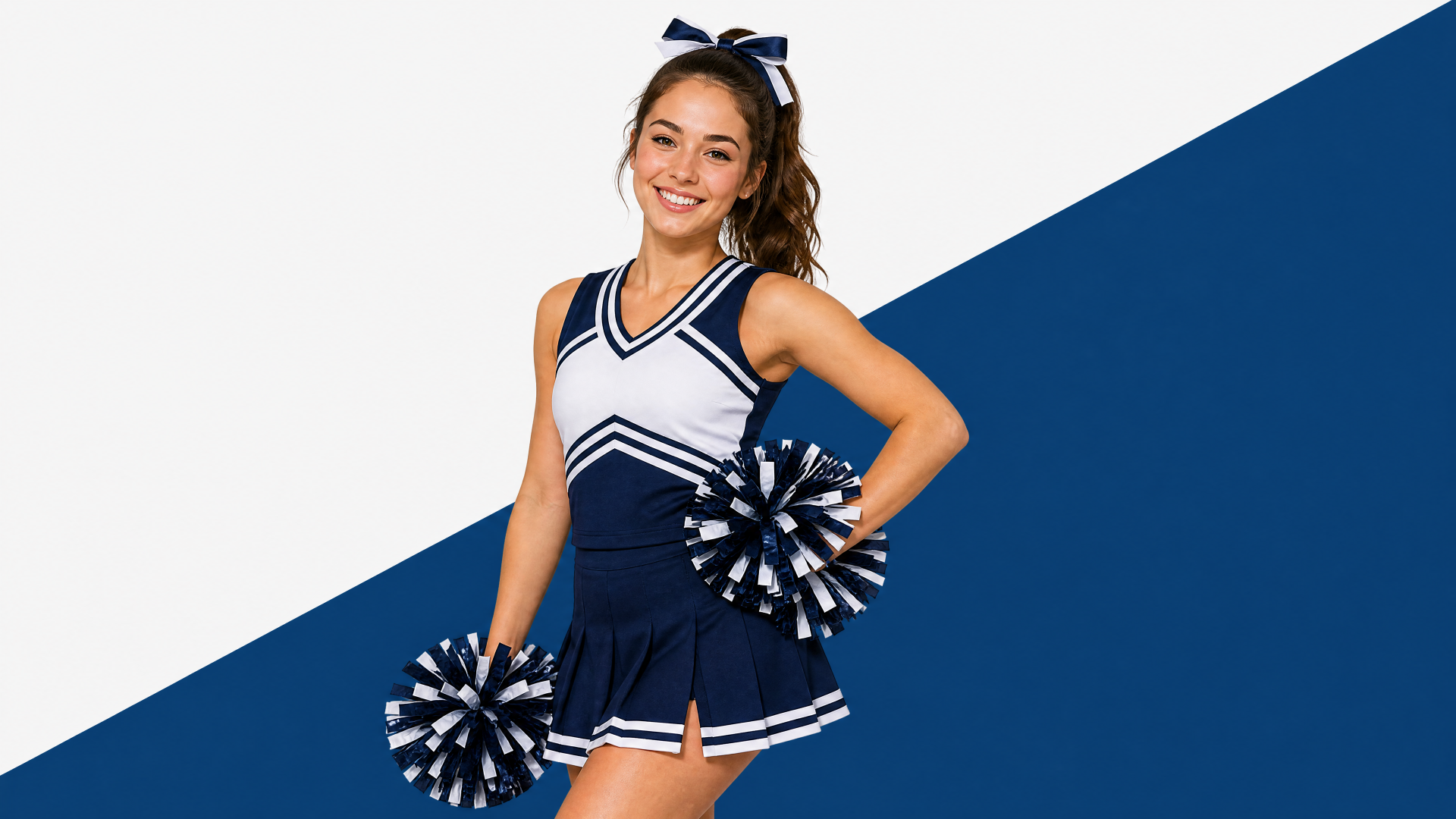 Smiling cheerleader in navy-white Pom-Pom (Honkai: Star Rail) cheerleading uniform holding pom-poms against a diagonal blue-and-white 4K Ultra HD PC desktop wallpaper background.