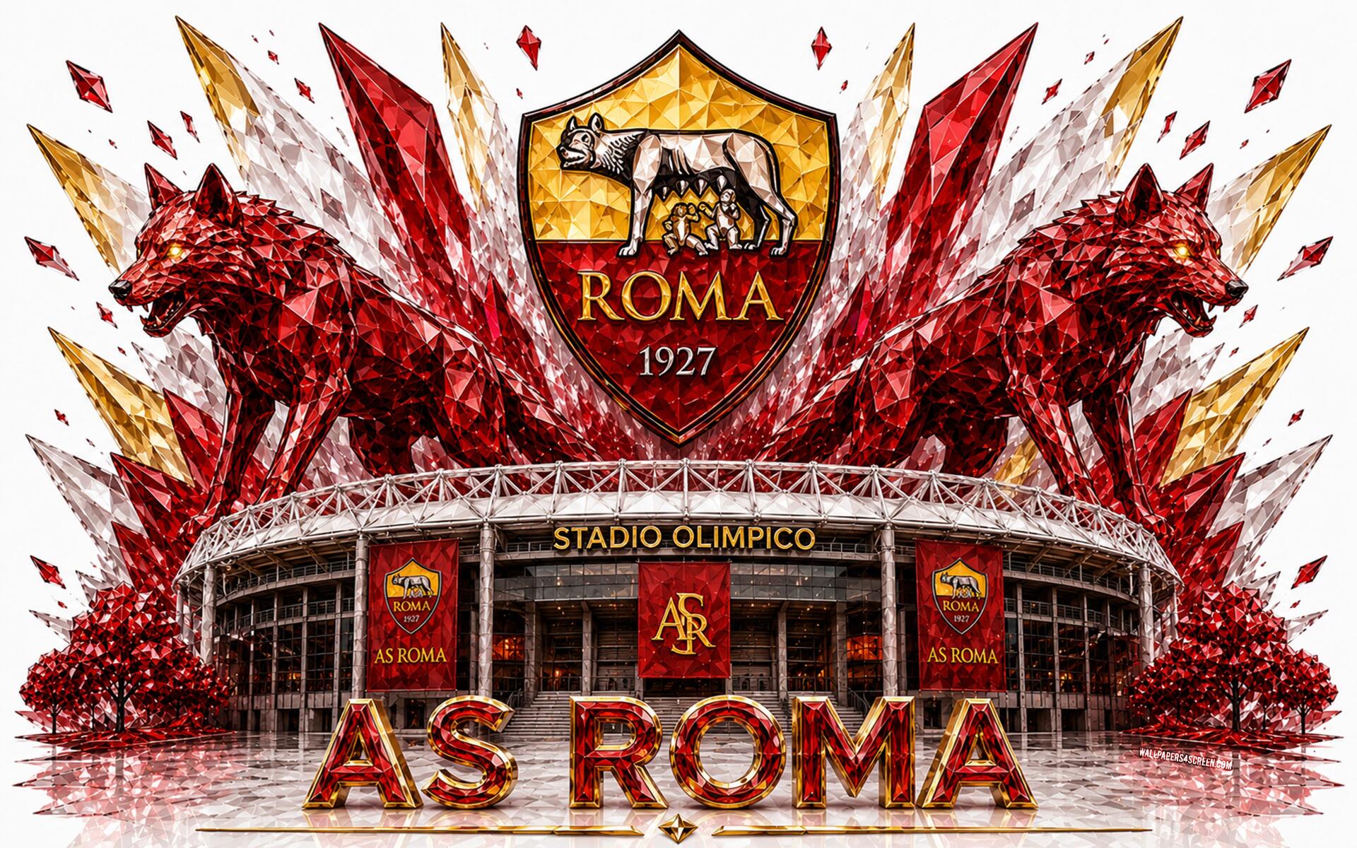 A.S. Roma soccer crest with twin crimson wolves above Stadio Olimpico and 1927 shield, bold AS ROMA in red-gold — sports 4K Ultra HD PC desktop wallpaper background