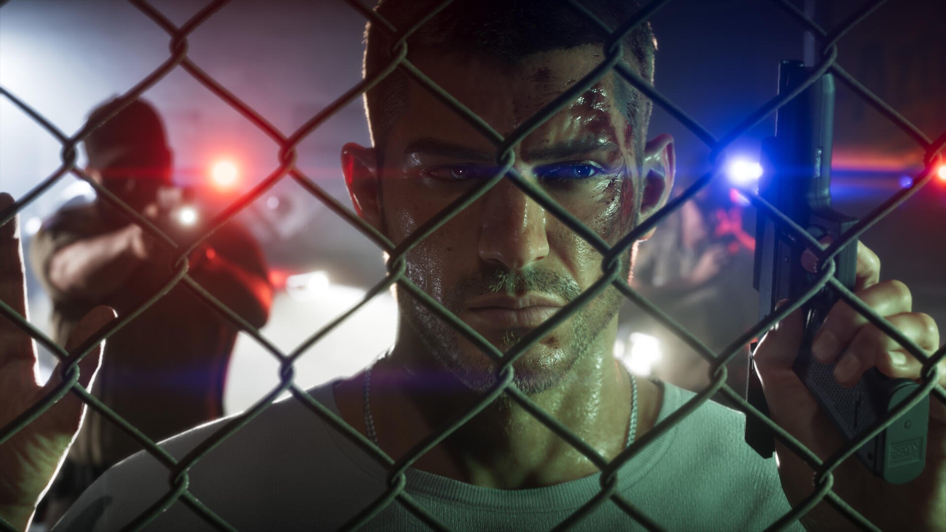 4K Ultra HD PC wallpaper: Jason, a man from the Grand Theft Auto VI video game, stares through a chain-link fence as police lights flash and officers aim guns.