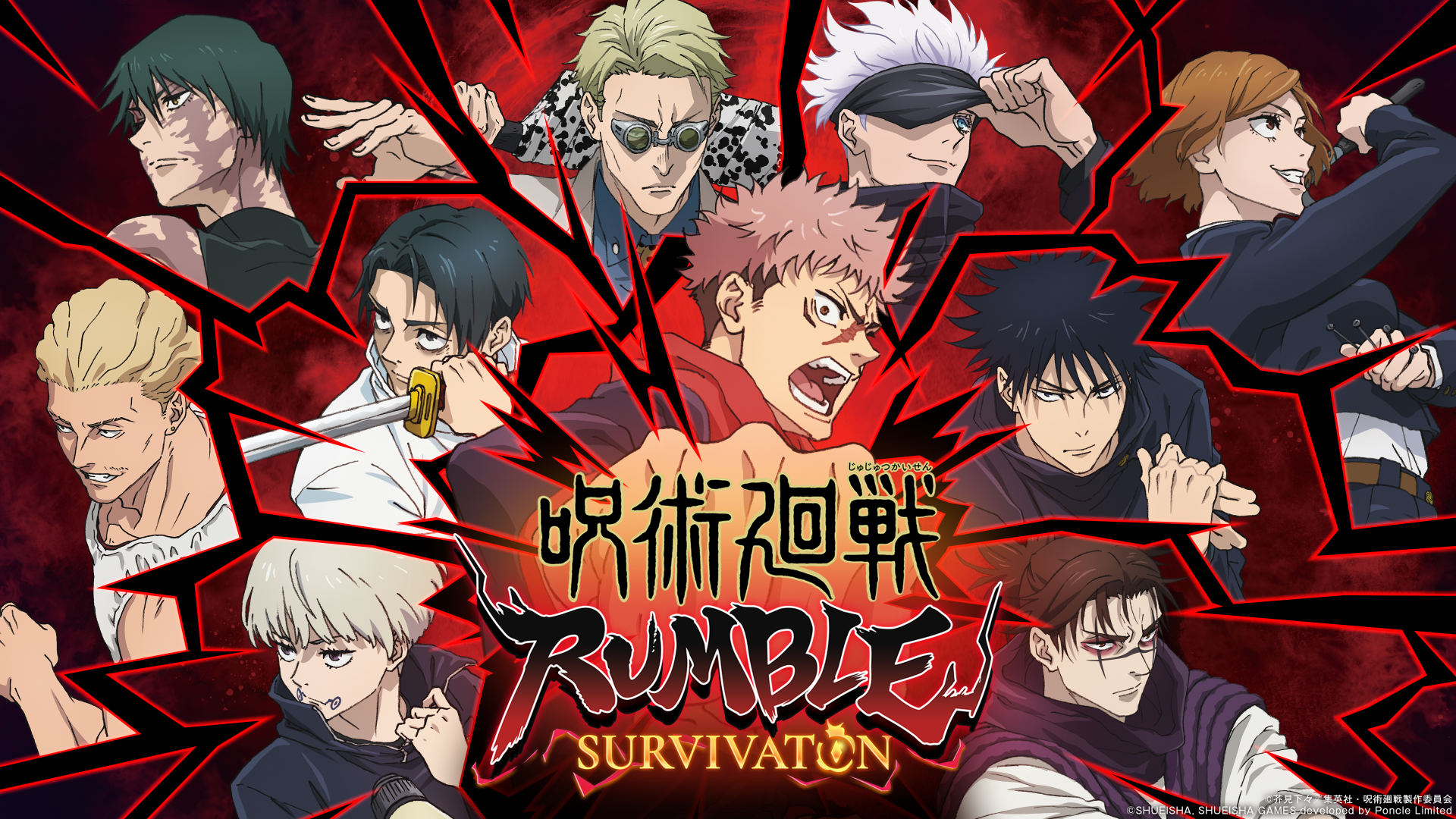 Jujutsu Kaisen 4K Ultra HD PC desktop wallpaper and background poster featuring Yuji Itadori and the anime ensemble in a dynamic red-black collage with the 'RUMBLE: SURVIVATION' logo.