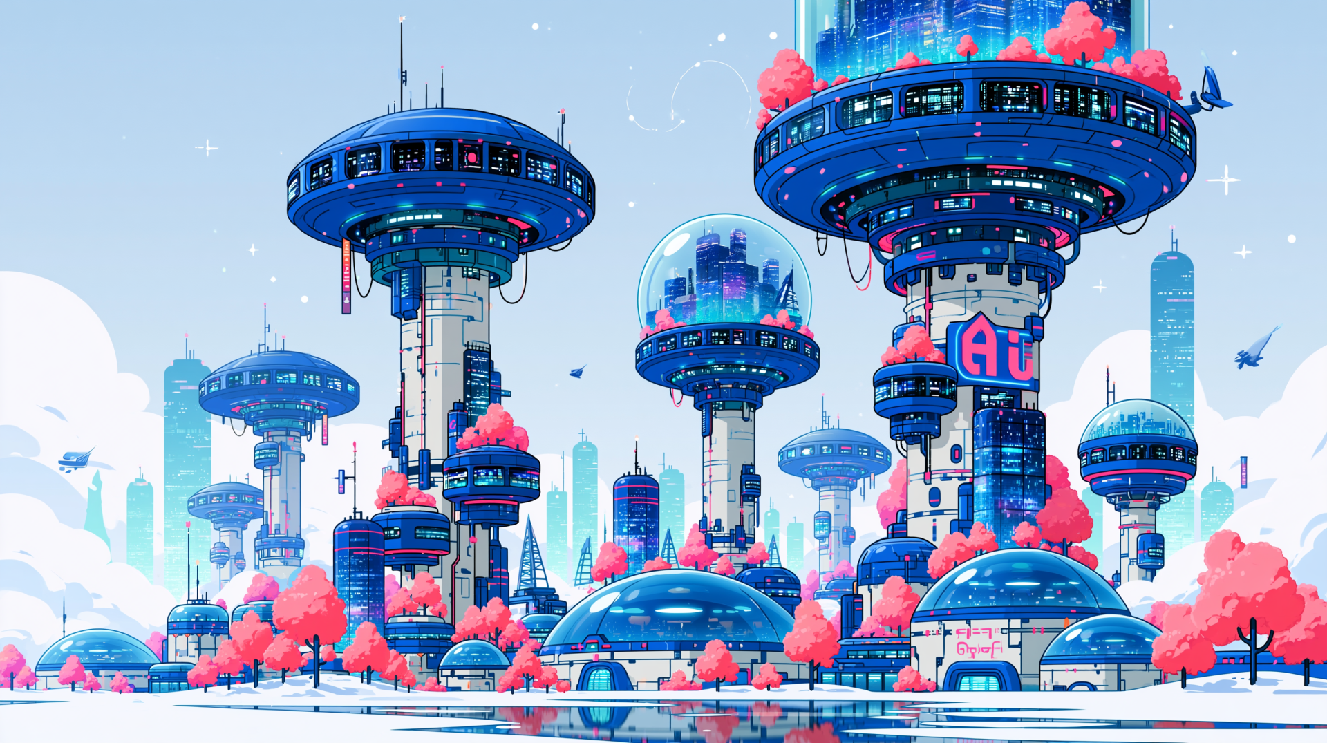 Vibrant sci‑fi cityscape of floating disc towers, glass domes and pink trees beneath a bright blue sky — futuristic city 2K Quad HD PC desktop wallpaper.