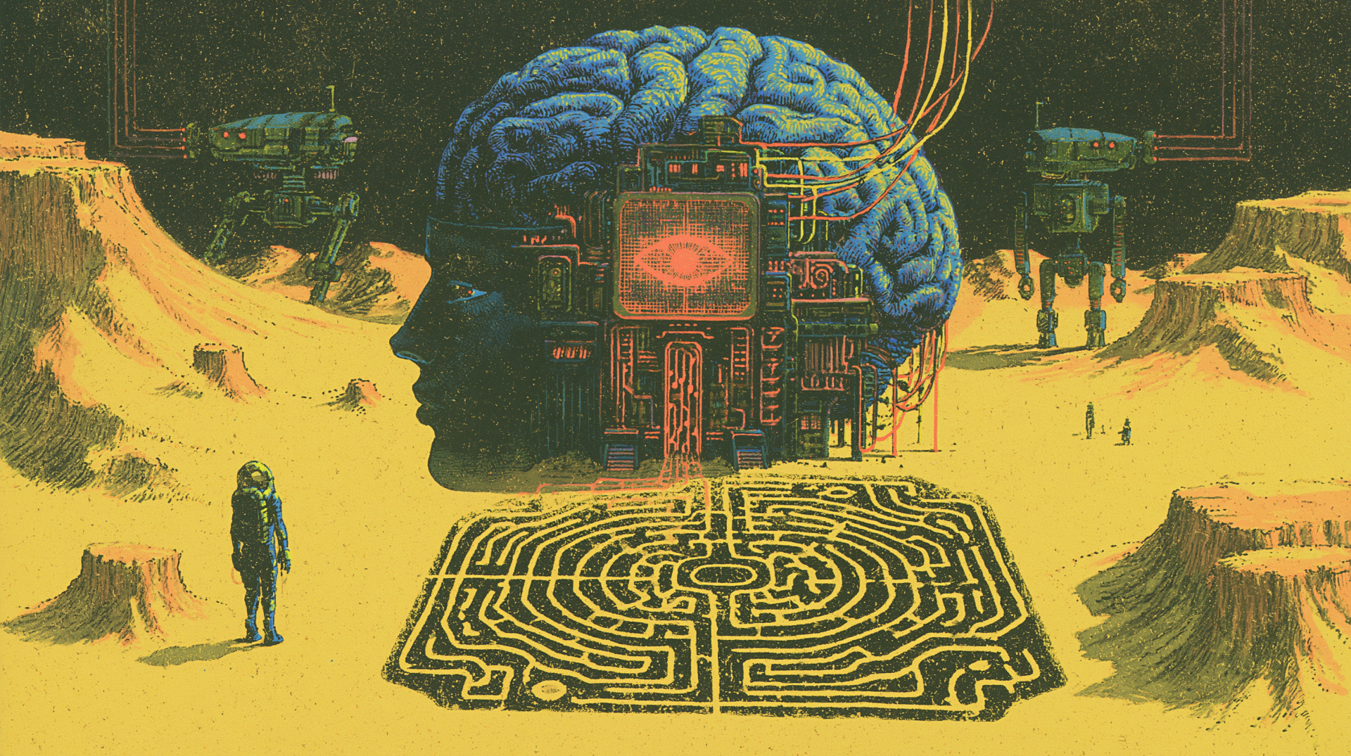 Sci-fi 2K Quad HD PC desktop wallpaper: cybernetic brain-head with circuitry and cables looming over a desert maze, lone astronaut and hovering drones.