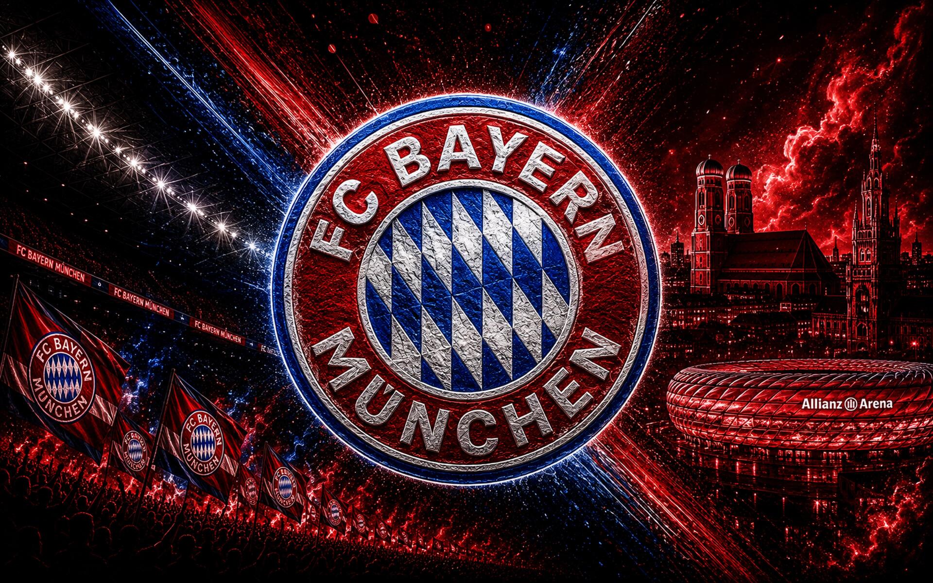 4K Ultra HD PC desktop wallpaper showing FC Bayern Munich crest centered amid red and blue energy streaks, stadium silhouette and soccer motifs.