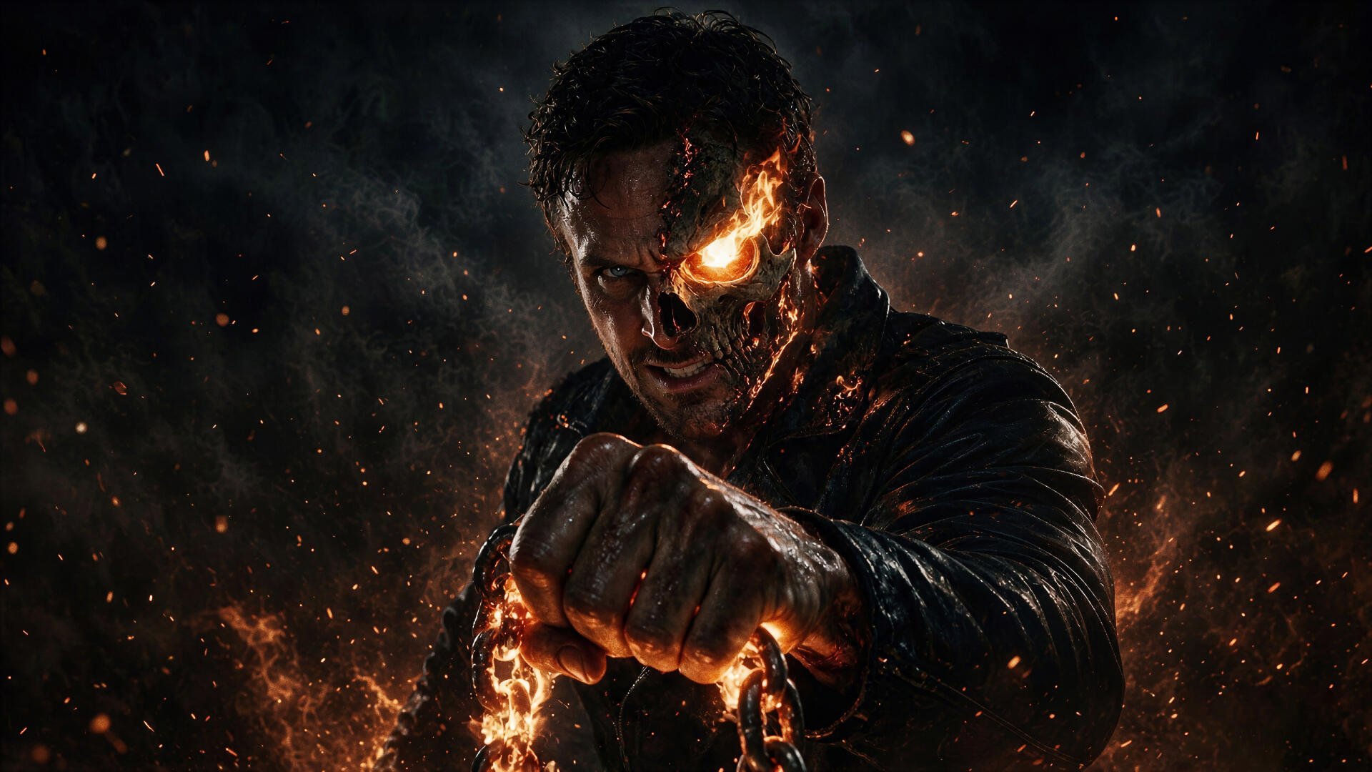 Ghost Rider with burning skull and flaming fist amid smoke and embers — 4K Ultra HD PC desktop wallpaper. I can’t identify or name the person shown in the image.