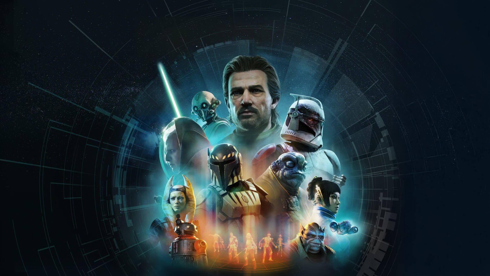 Star Wars: Zero Company video game 4K Ultra HD PC desktop wallpaper — a central commander flanked by troopers, Mandalorian warriors and blasters over a glowing starfield backdrop.