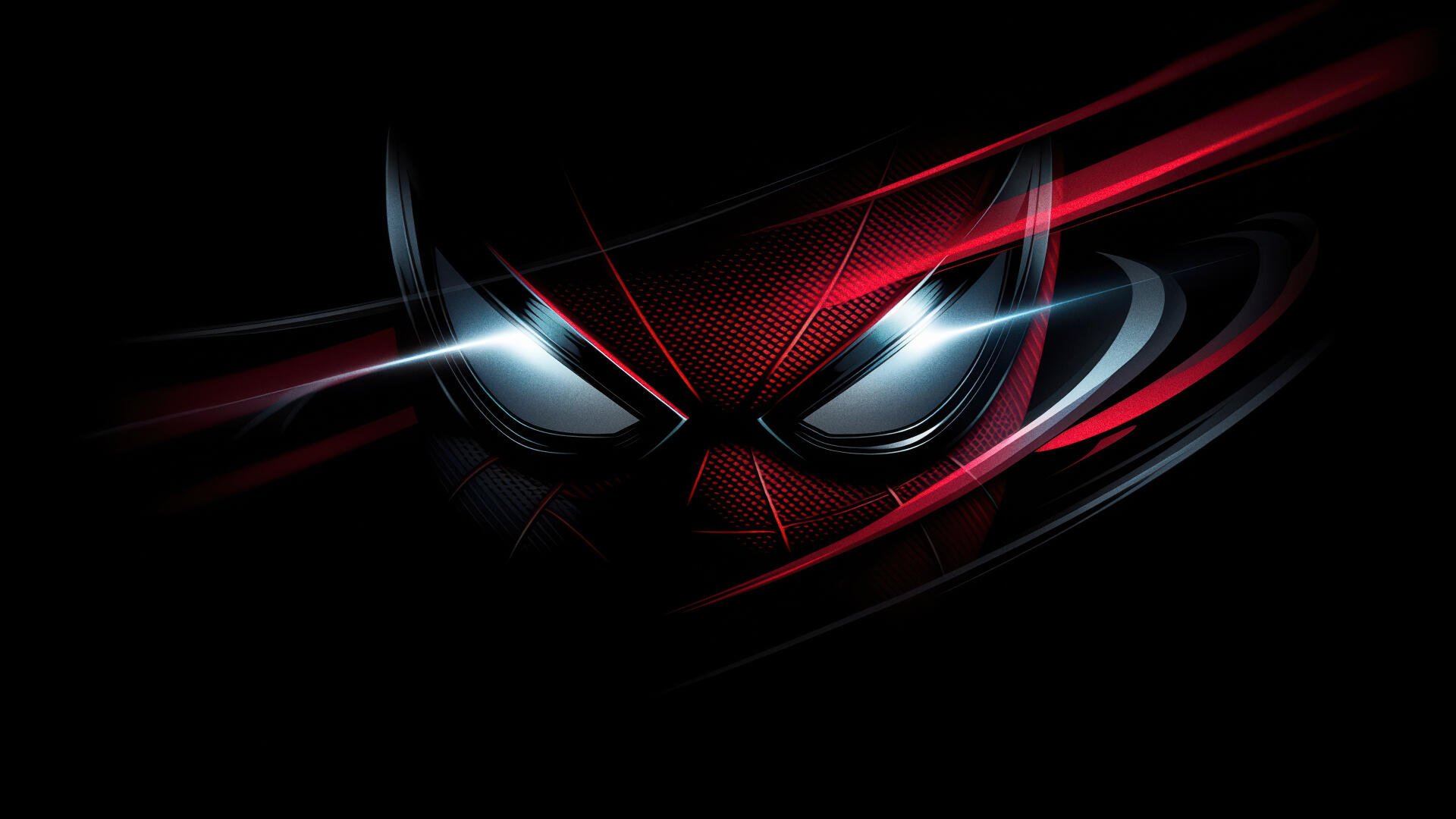 4K Ultra HD PC desktop wallpaper of Miles Morales' mask emerging from a black, dark background with glowing white eyes and red webbing streaks.