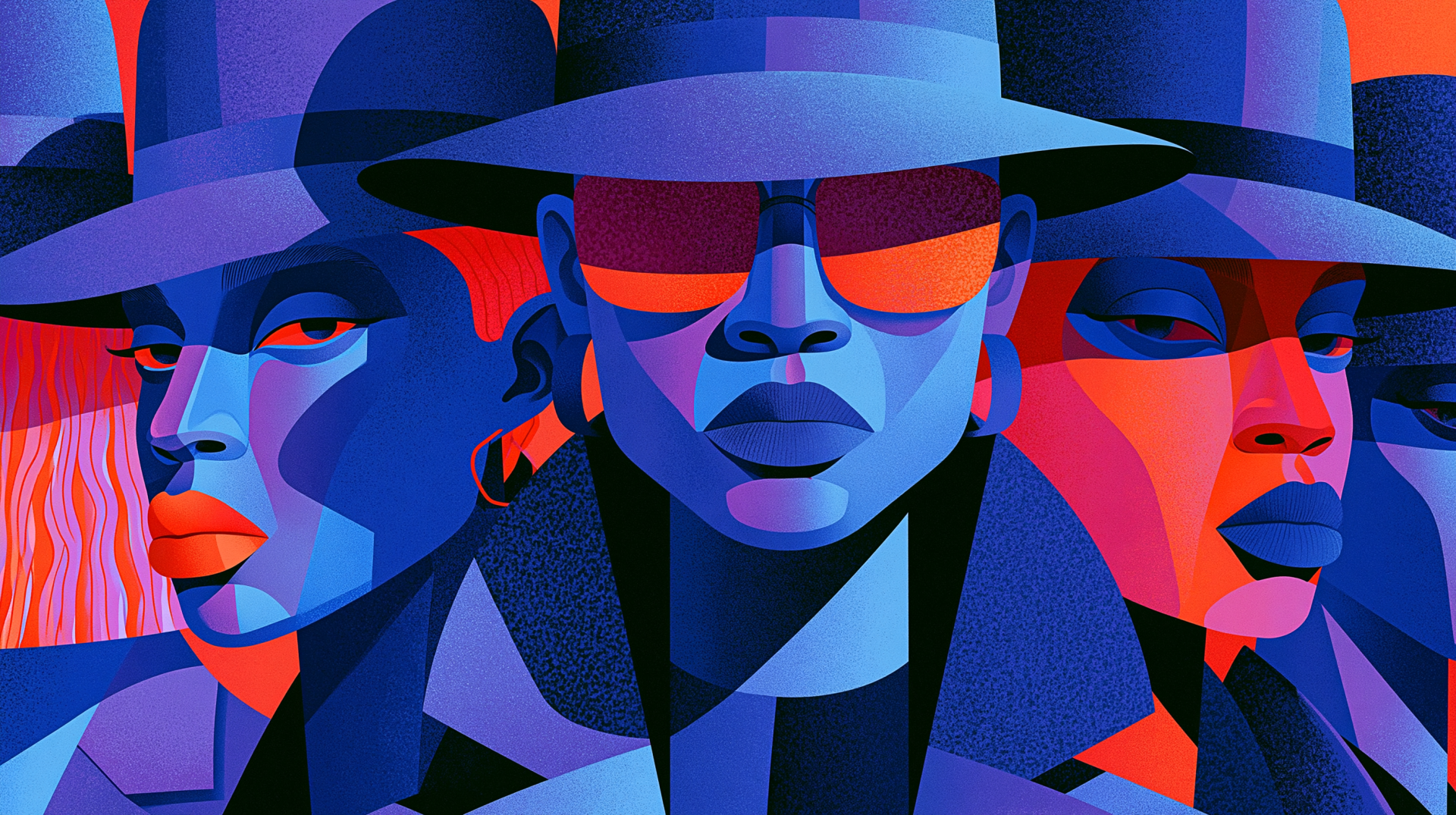 Vibrant stylized portrait of three faces wearing wide-brim hats in bold blue, red and purple tones, high-contrast 2K Quad HD PC desktop wallpaper and background.