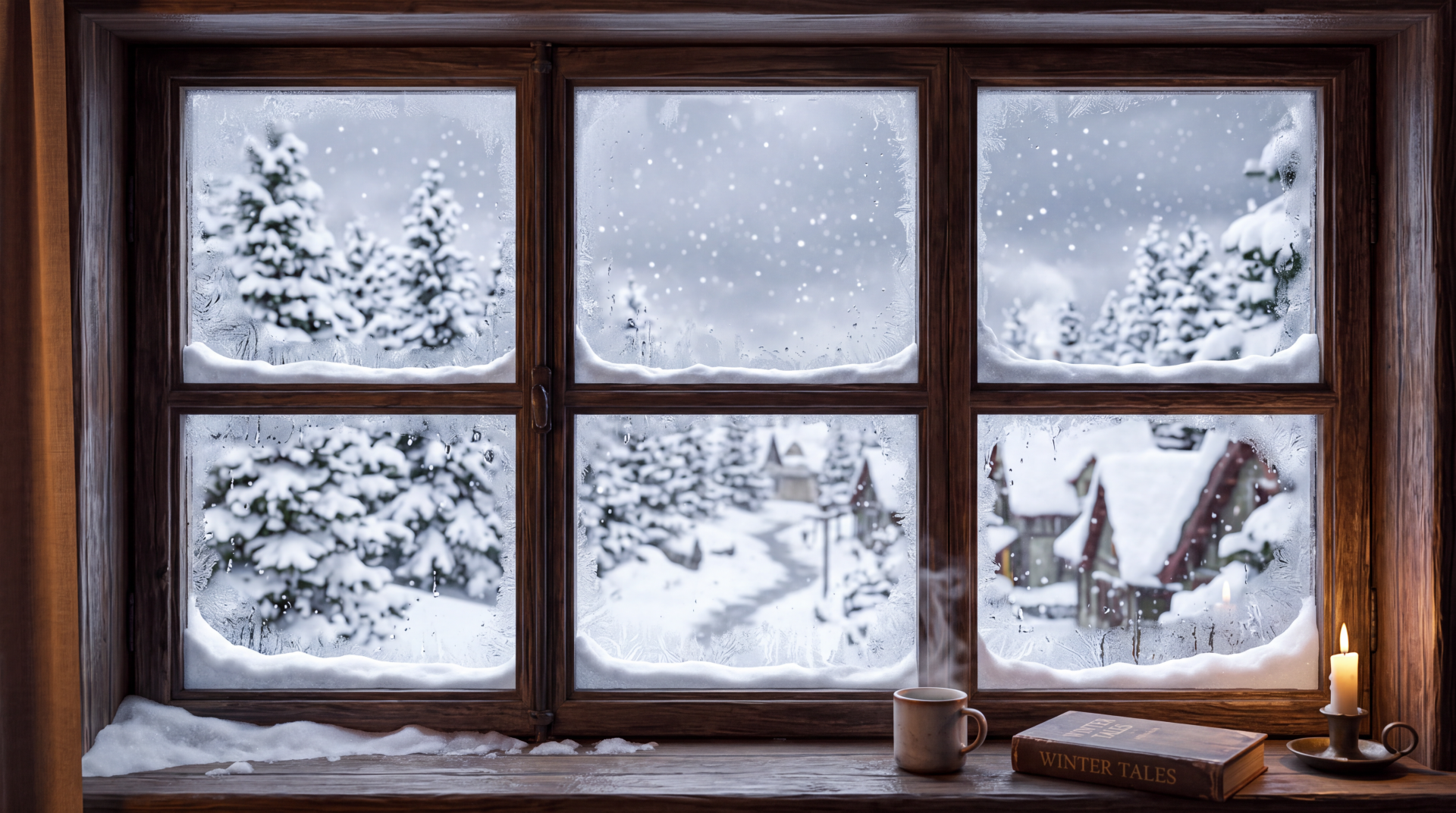 Snow-dusted window framing a winter scene of fir trees, cottages and falling snow; 5K Ultra HD PC desktop wallpaper and background.
