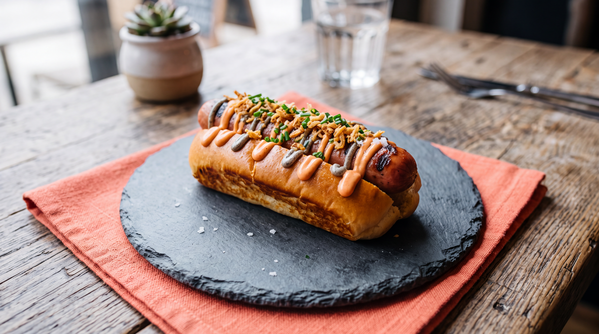 5K Ultra HD PC desktop wallpaper of a gourmet hot dog sandwich on a slate plate, drizzled with mustard, topped with relish and chives, set on a rustic wooden table.