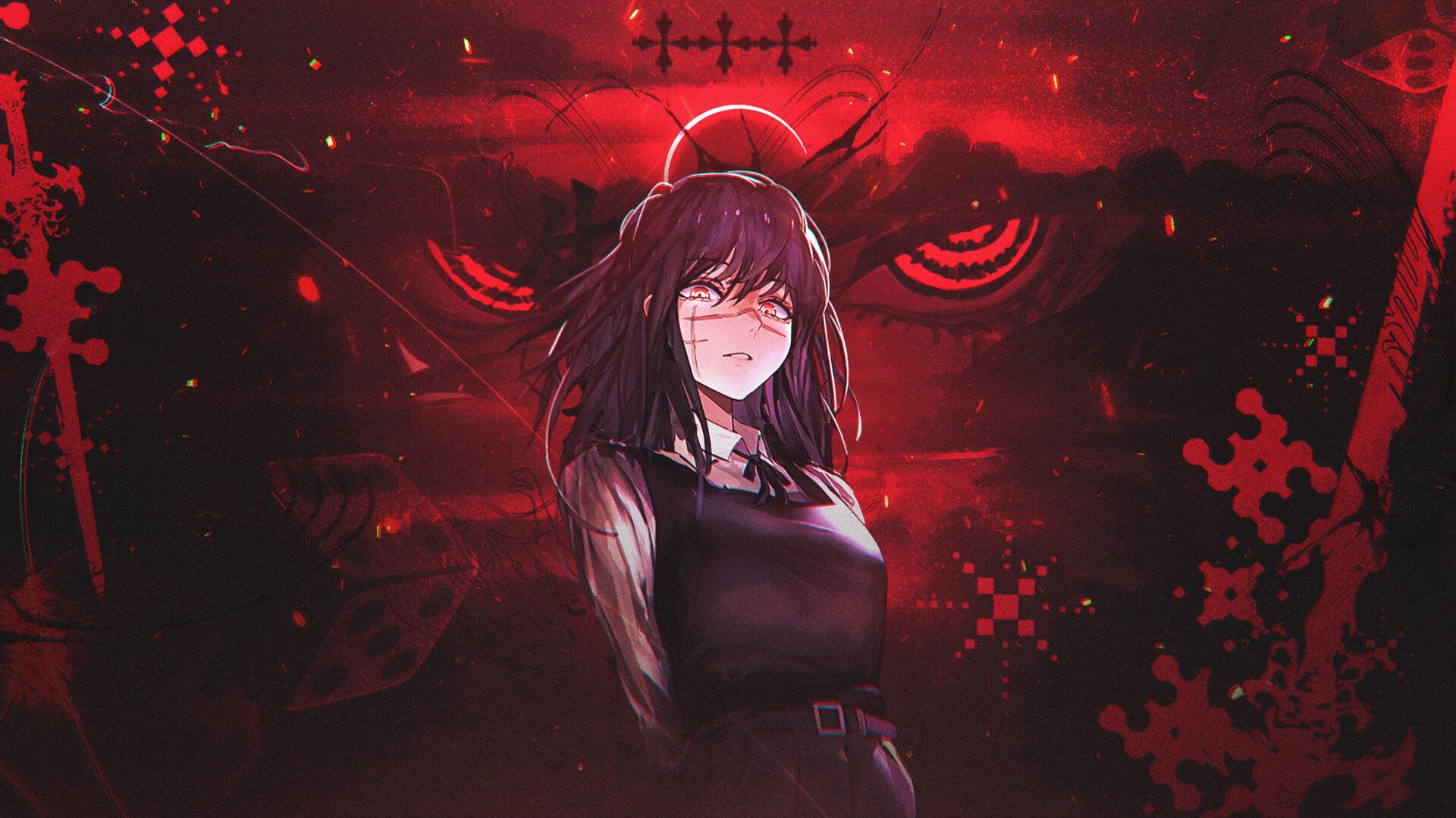 HD PC desktop wallpaper of a Chainsaw Man anime character: dark-haired, blushing woman before a looming red-eyed demonic face in detailed anime art against a blood-red, smoky background.