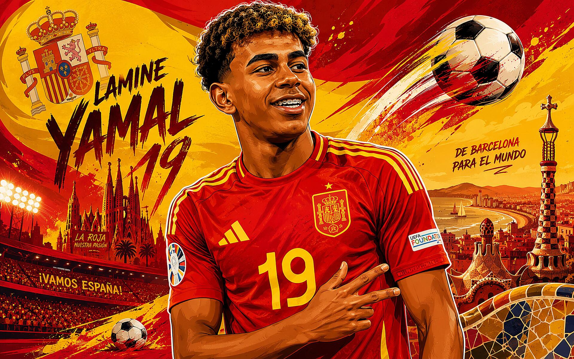 4K Ultra HD PC wallpaper: Spanish soccer player in red #19 jersey smiling with hand on chest, dynamic sports background featuring Barcelona skyline and a flying soccer ball.