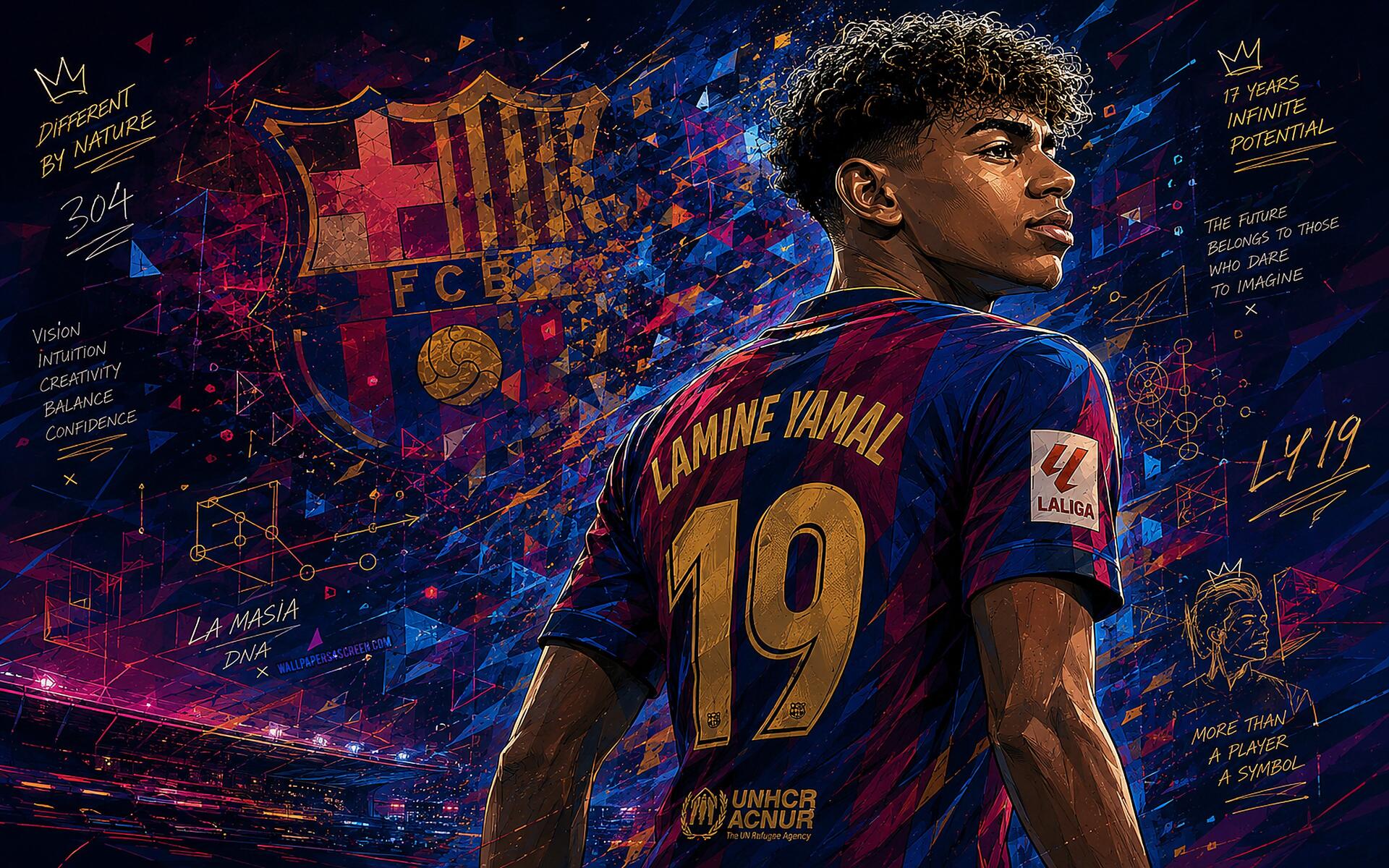 4K PC wallpaper of an FC Barcelona soccer player in #19 jersey glancing over his shoulder, club crest amid vibrant stadium lights and dynamic, colorful sports graphics.