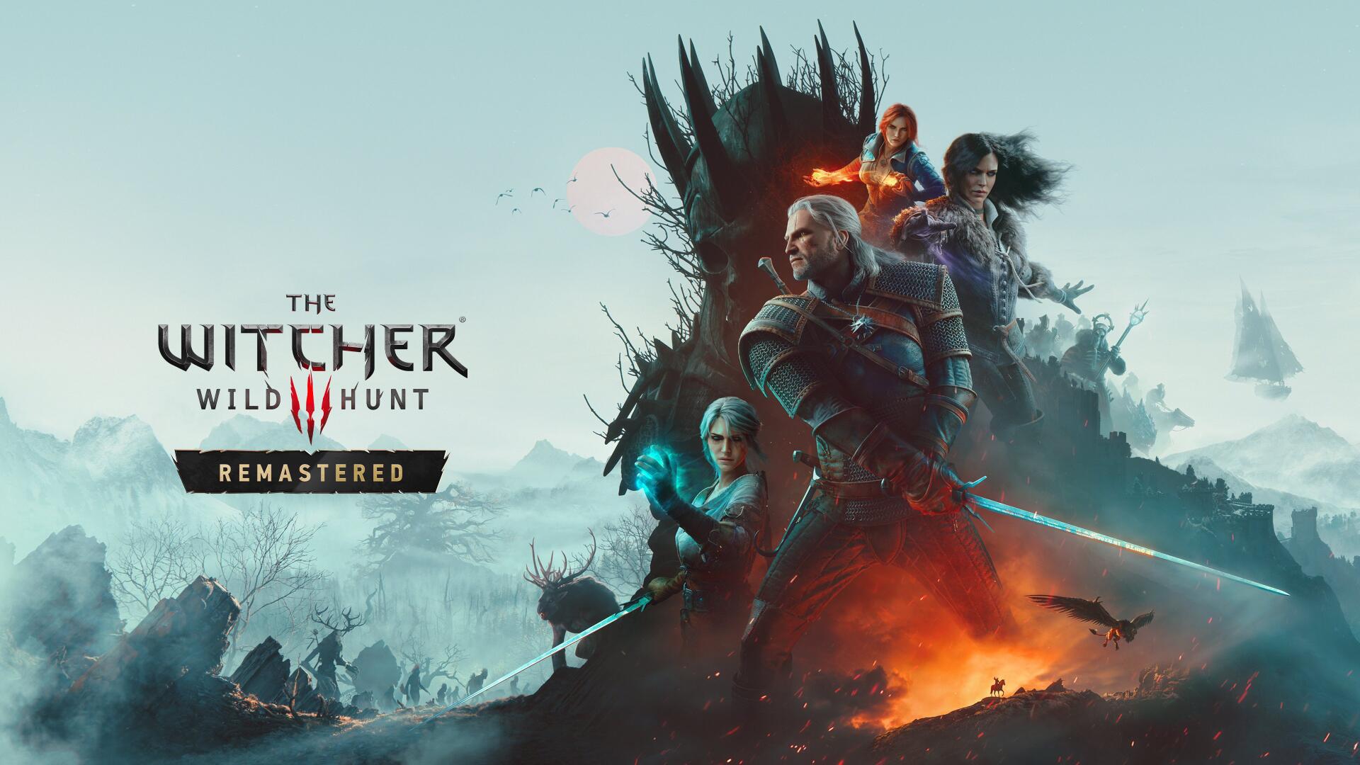 The Witcher 3: Wild Hunt Remastered 4K Ultra HD PC wallpaper — Geralt, Ciri and allies stand amid fire and mist as spectral riders of the Wild Hunt loom in the distance.