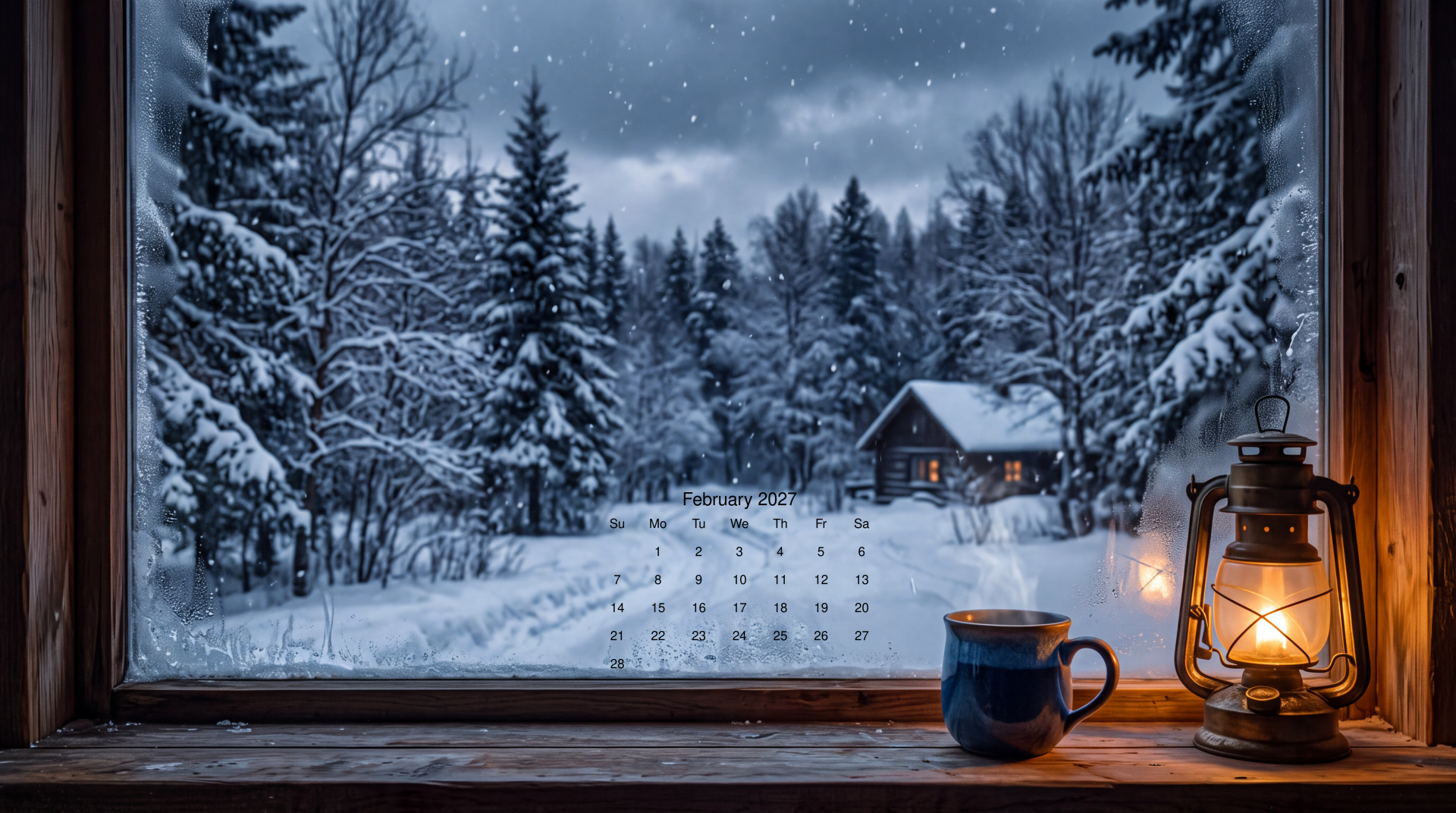 5K Ultra HD PC desktop wallpaper: February 2027 calendar overlay on a snowy winter cabin scene, viewed from a window with a glowing lantern and a mug on the sill.