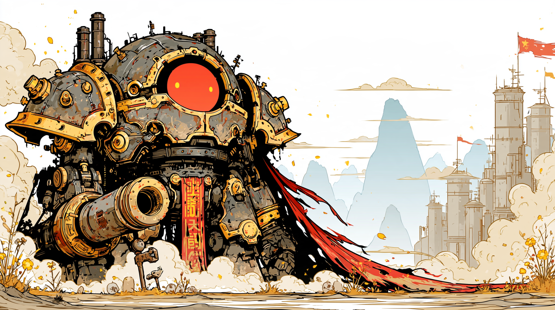 Sci-fi giant mecha robot with brass steampunk armor and a flowing red banner, looming over a cityscape — 2K Quad HD PC desktop wallpaper/background.