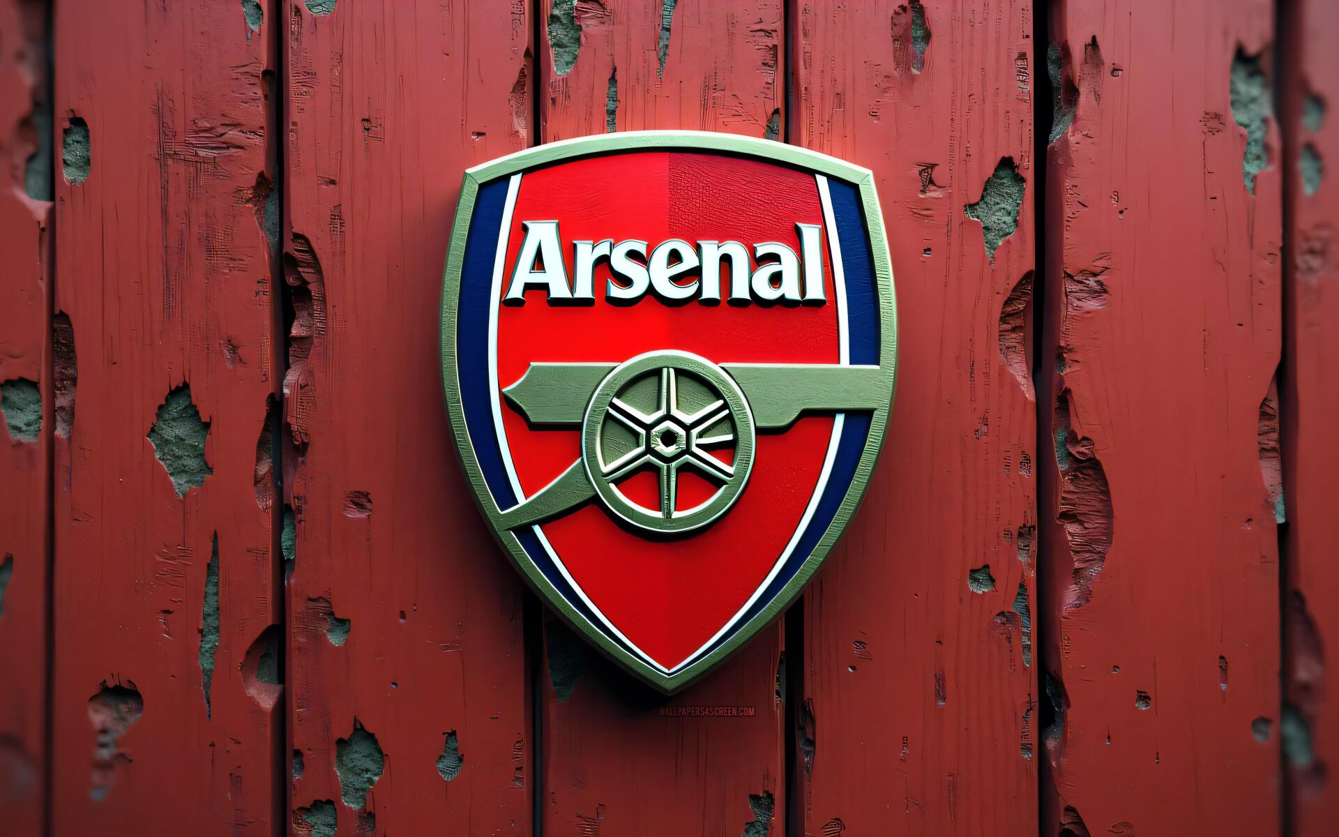 Arsenal F.C. crest centered on worn red wooden planks — soccer club logo as a 4K Ultra HD PC desktop wallpaper and sports background.
