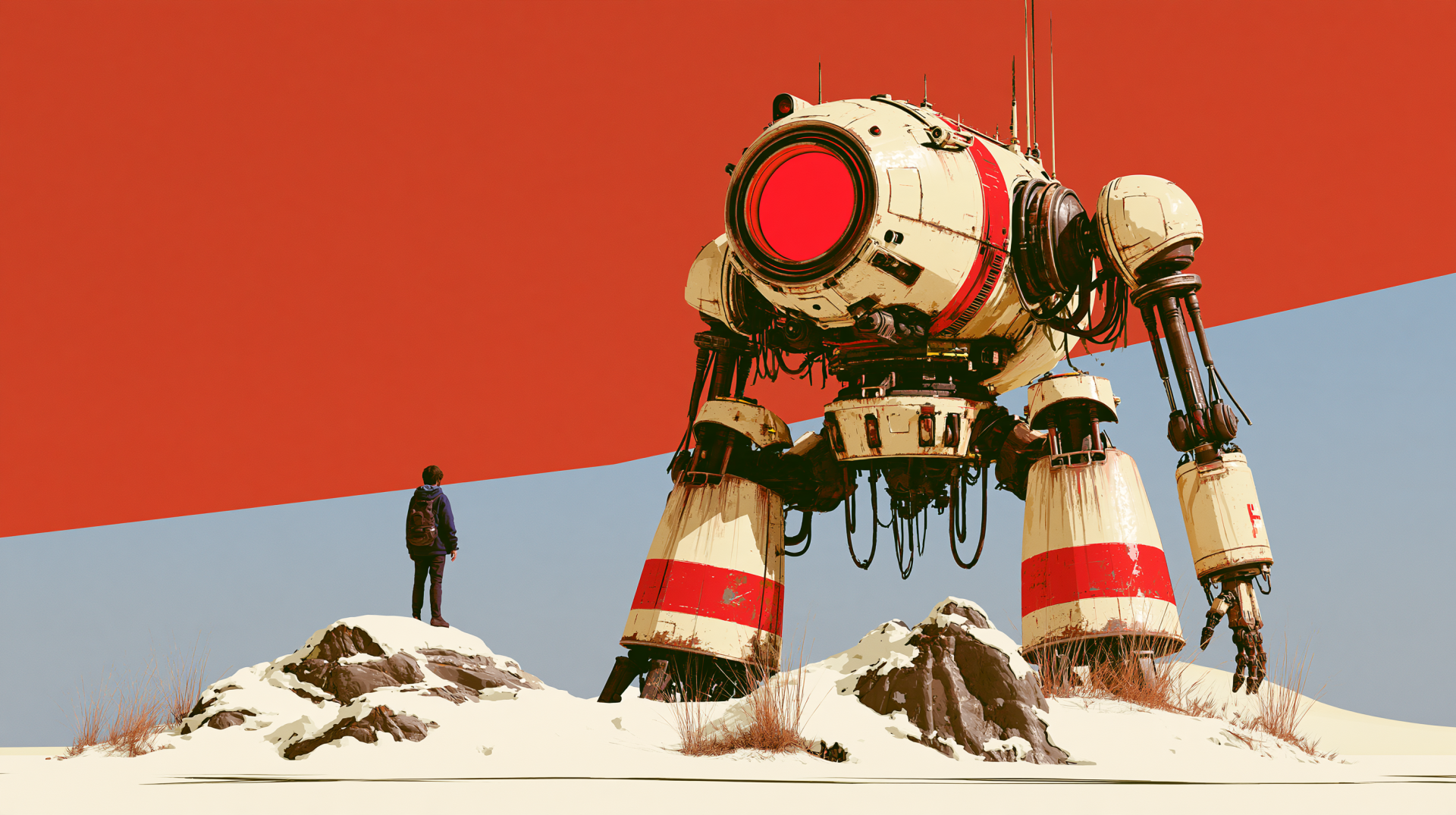 Sci-fi mecha robot stands on snowy rocks beside a lone figure beneath a red sky — high-detail 2K Quad HD PC desktop wallpaper/background.