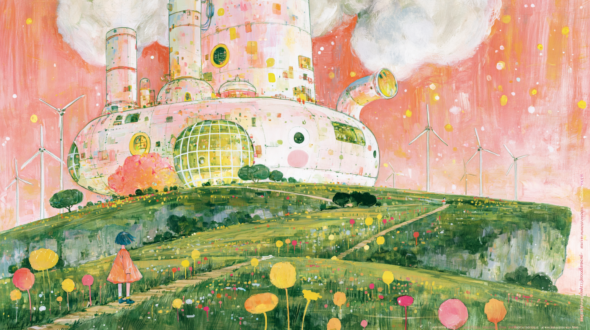 Whimsical fantasy castle building on a grassy, flower-dotted landscape beneath a pink, cloud-speckled sky — 2K Quad HD PC desktop wallpaper and background.