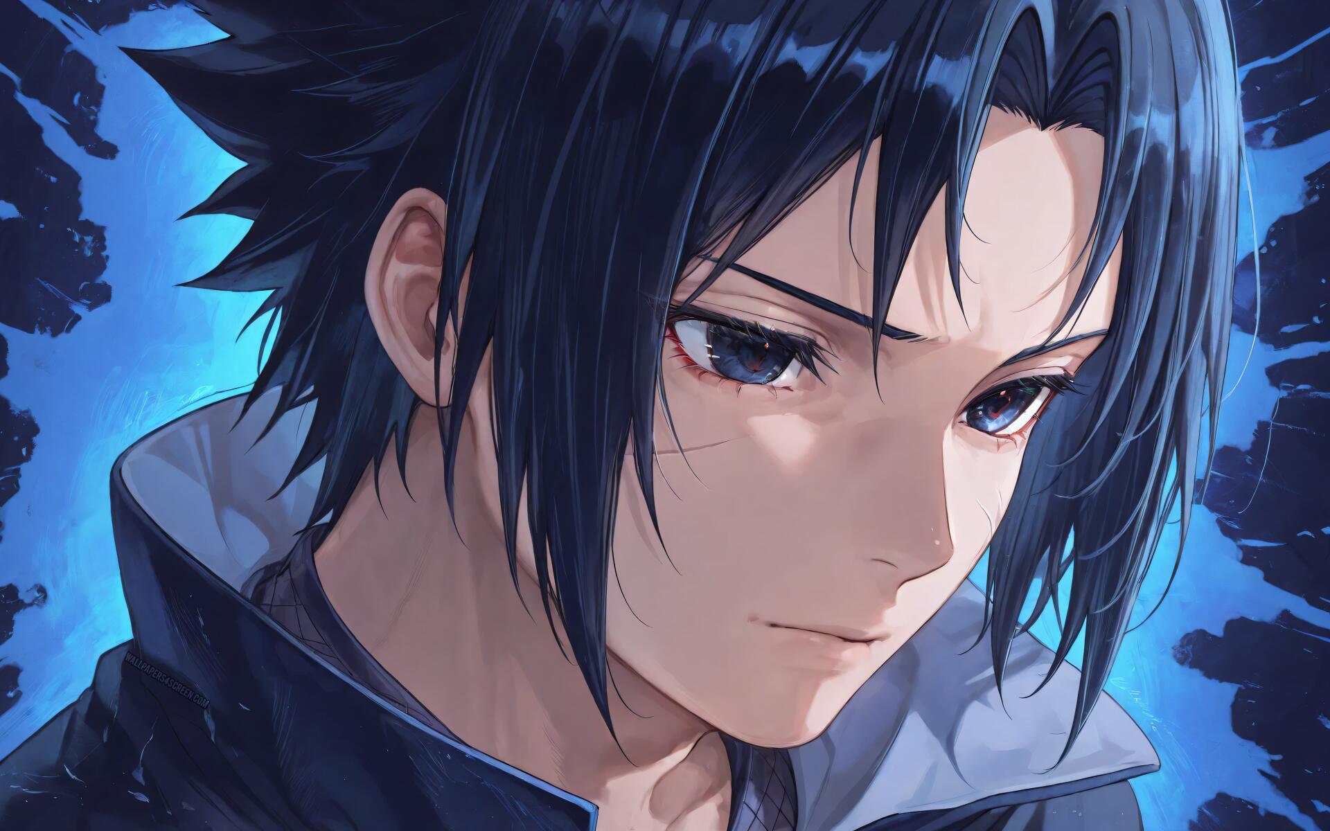 Sasuke Uchiha from Naruto, close-up moody portrait with blue lighting and faint Sharingan detail — detailed 4K Ultra HD PC desktop wallpaper background.