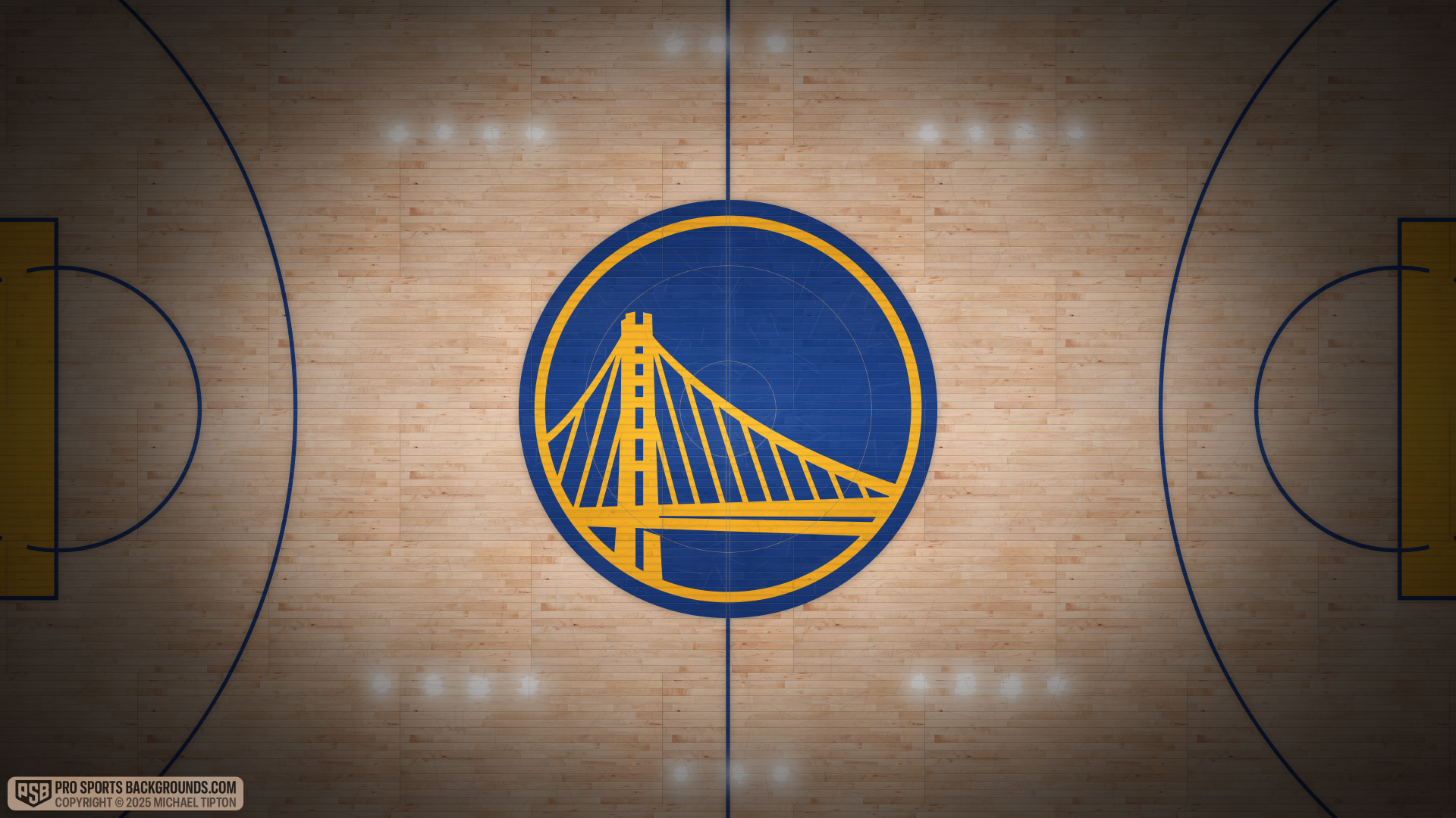 Golden State Warriors logo at center court on an NBA hardwood basketball floor — 4K Ultra HD PC desktop wallpaper.