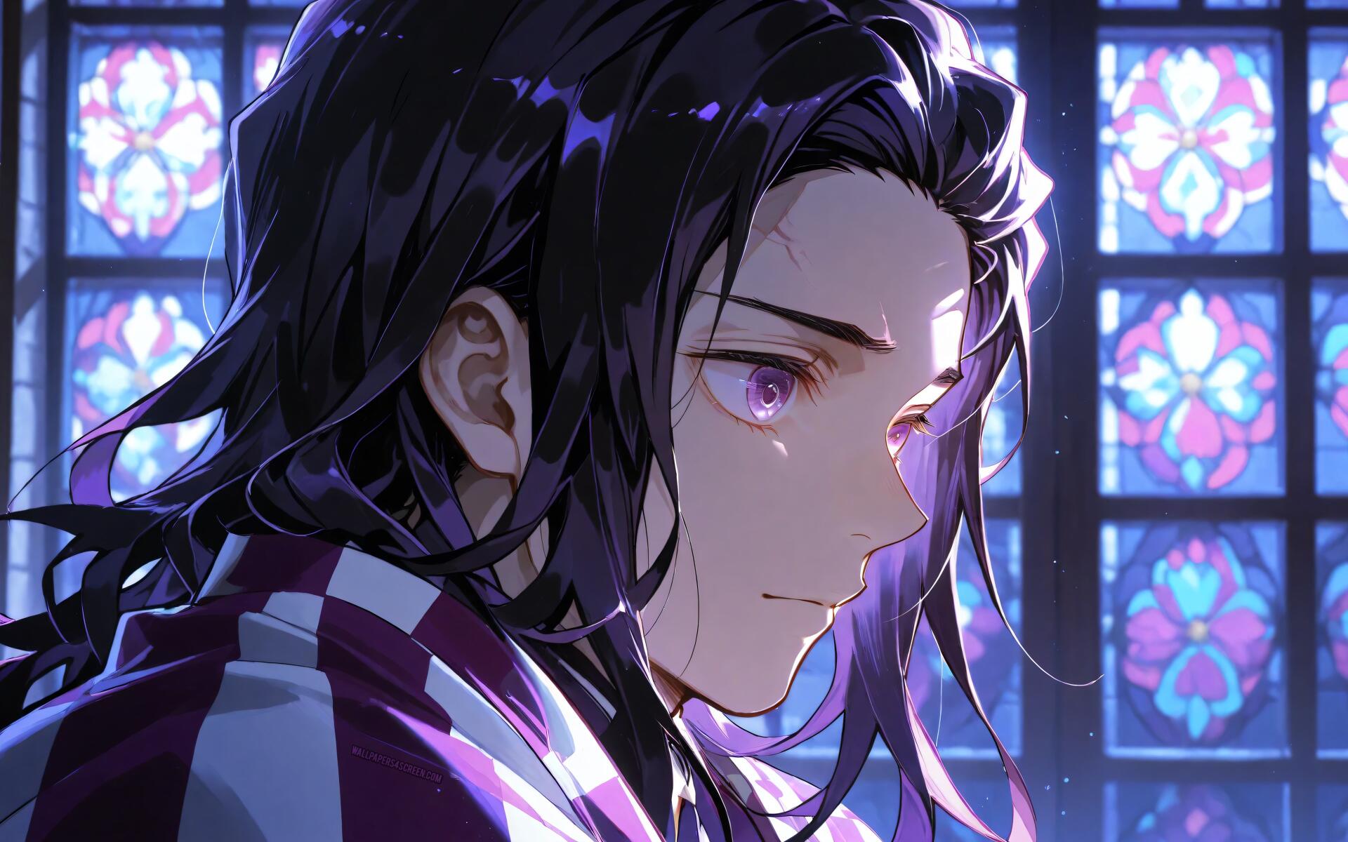 Anime close-up of Tanjiro Kamado gazing sideways, purple highlights and a tearful glint against a stained-glass window; 4K Ultra HD PC desktop wallpaper.