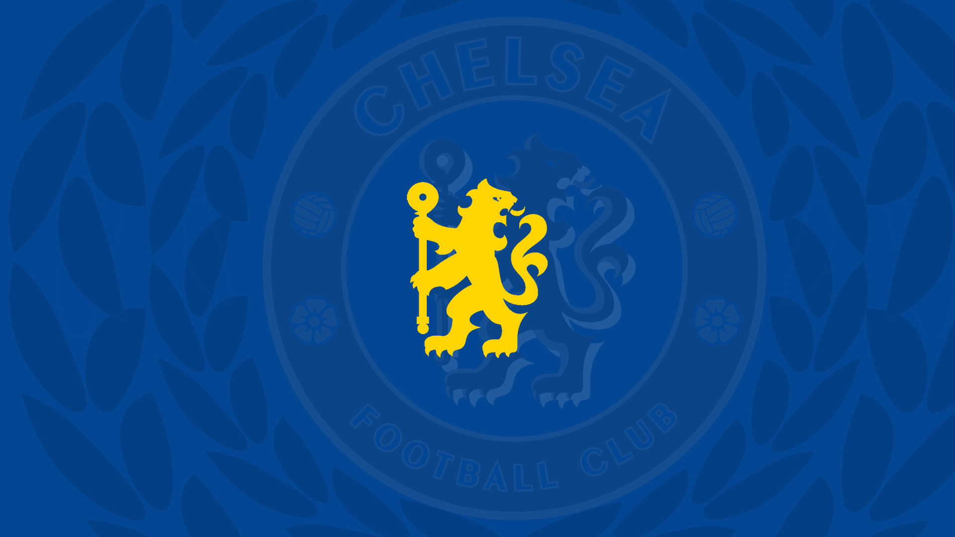 Chelsea F.C. yellow lion logo centered on deep blue 2K Quad HD PC desktop wallpaper with faint crest watermark and subtle wave-textured background.