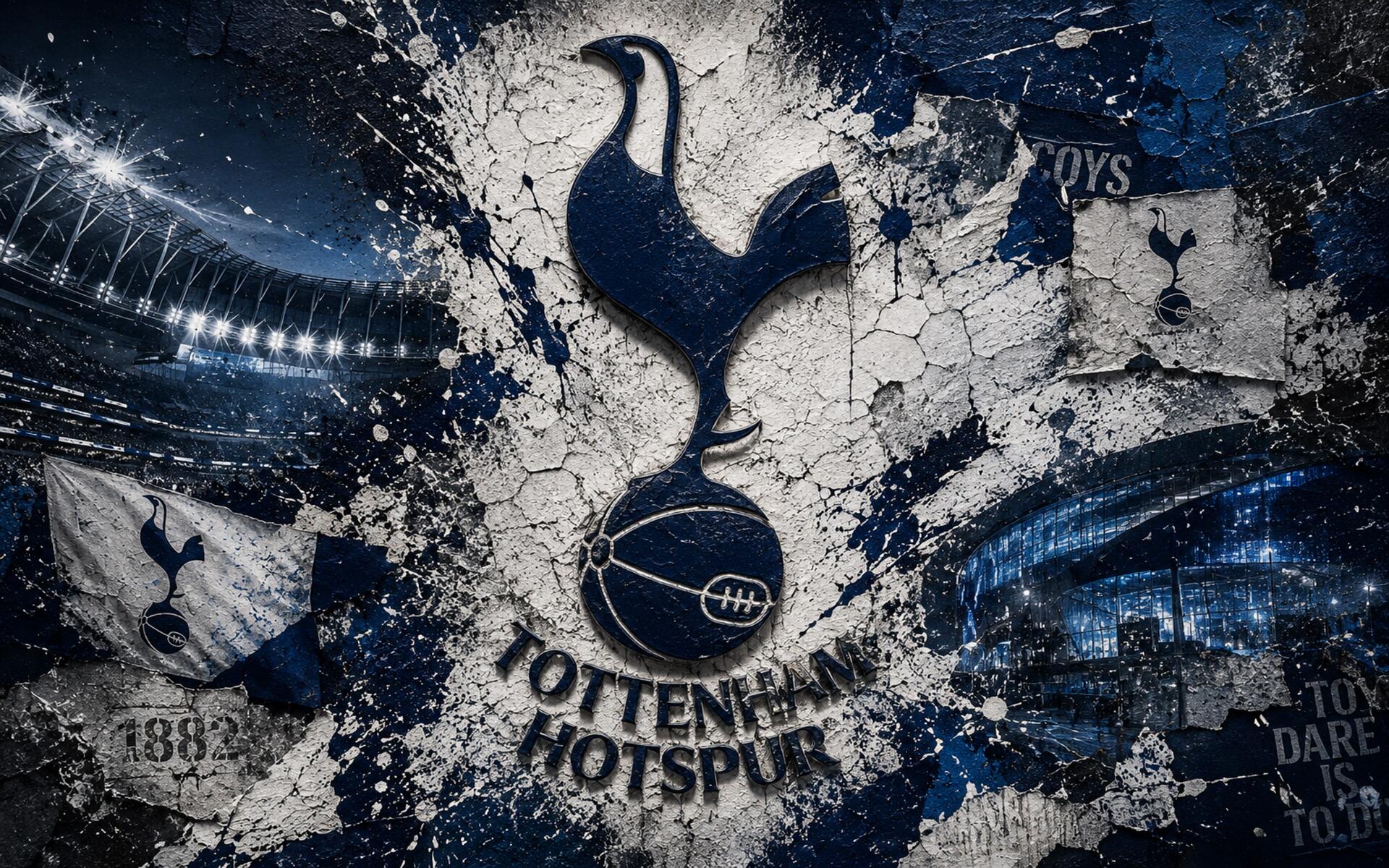 Tottenham Hotspur F.C. logo and crest in grunge navy-white design with stadium lights — 4K Ultra HD PC desktop wallpaper/background