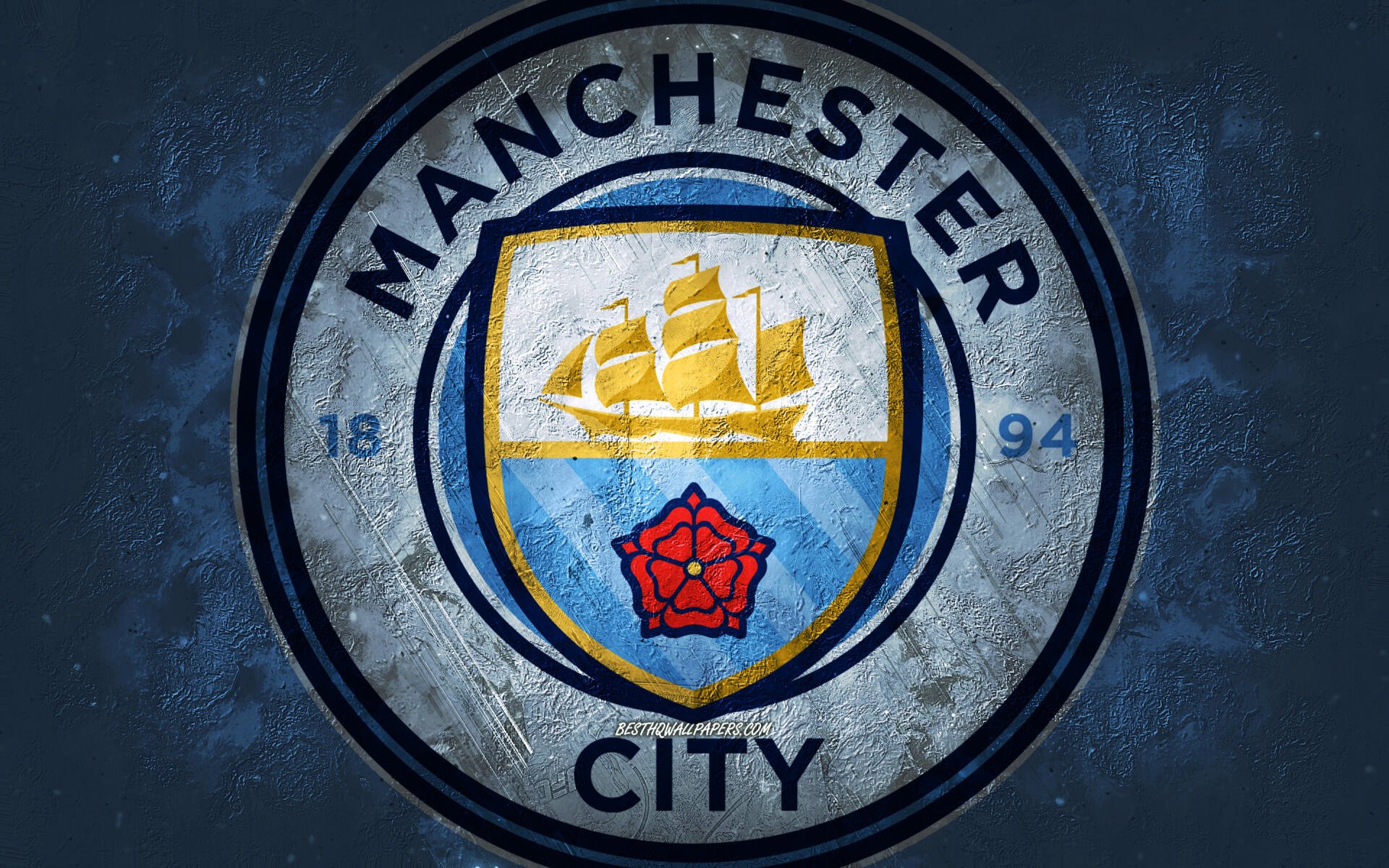 Manchester City F.C. logo on a worn blue textured circular shield, centered — 2K Quad HD PC desktop wallpaper and background.