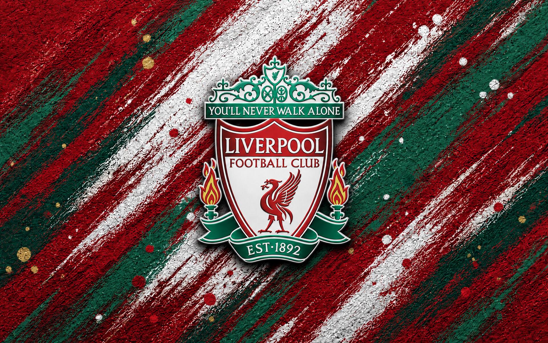 Liverpool F.C. crest centered on red, white and green textured brush-stroke background — 4K Ultra HD PC desktop wallpaper