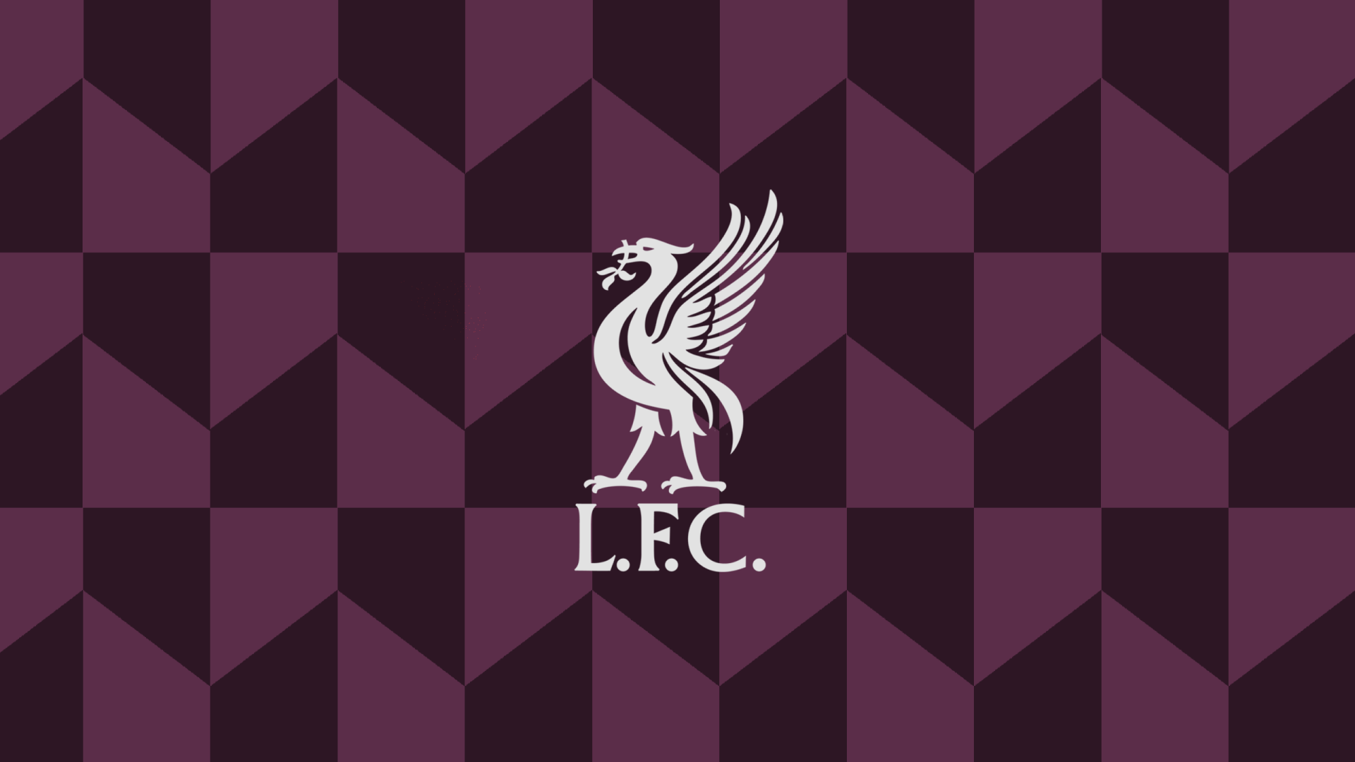 White Liverpool F.C. liver bird crest with L.F.C. centered on a maroon geometric pattern, 2K Quad HD PC desktop wallpaper background.