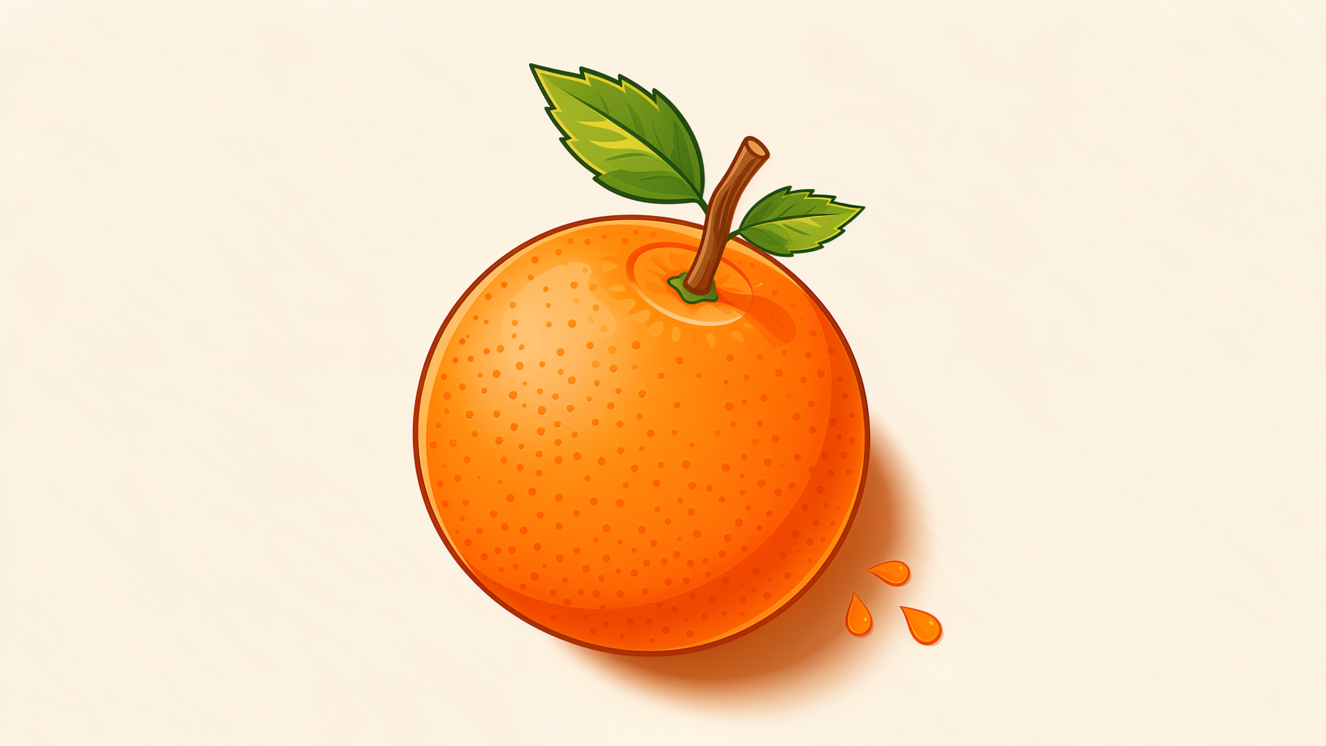 Illustrated orange fruit with leaves and juice drops on a cream backdrop, vivid orange color — 4K Ultra HD PC desktop wallpaper/background.