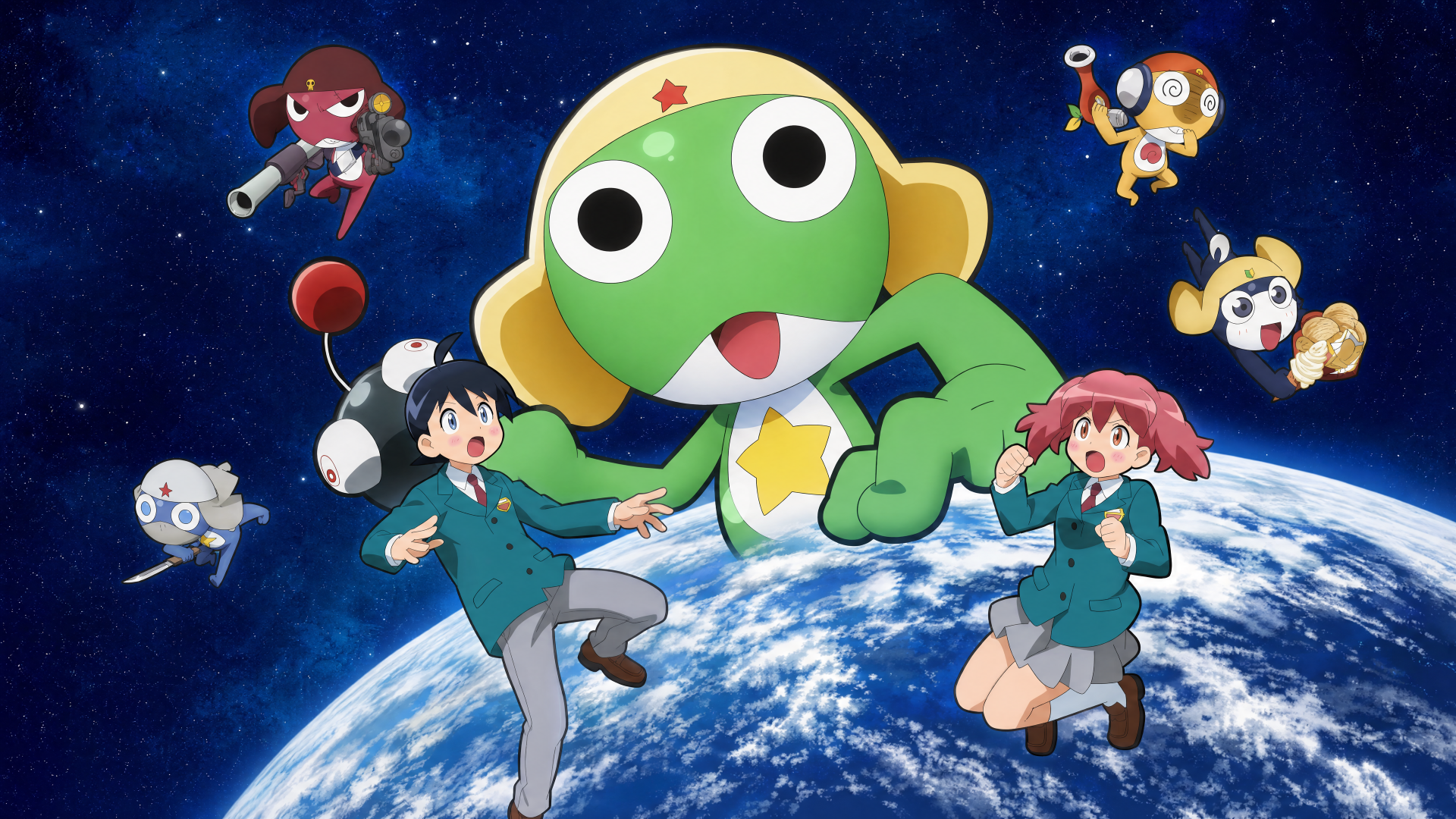 4K Ultra HD PC desktop wallpaper of Sgt. Frog (Keroro) anime cartoon alien and friends floating above Earth with two schoolchildren in uniforms against a starry space backdrop.
