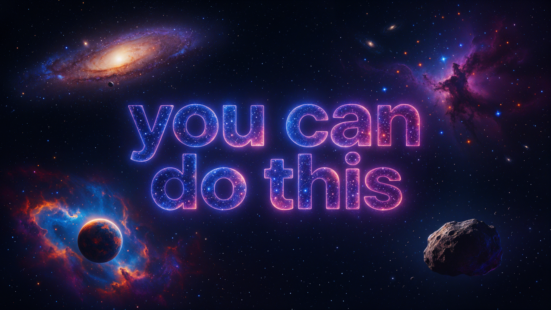 4K Ultra HD PC desktop wallpaper and background: glowing you can do this quote set in a vivid galaxy space scene with nebulae, planets and asteroids.