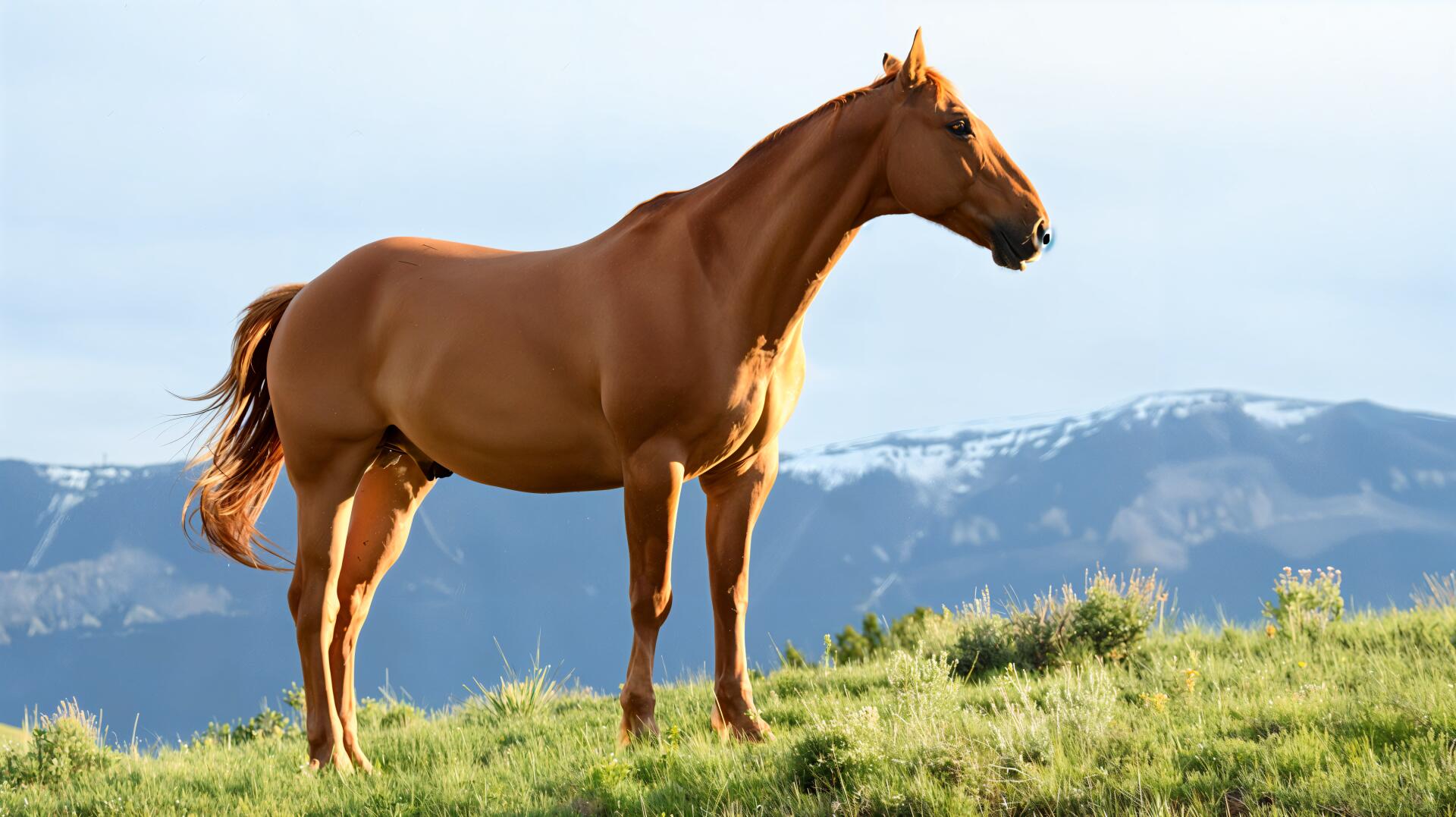 Weekend Equestrian — chestnut horse stands on a grassy hill with snow-capped mountains beyond; 4K Ultra HD PC desktop wallpaper/background.